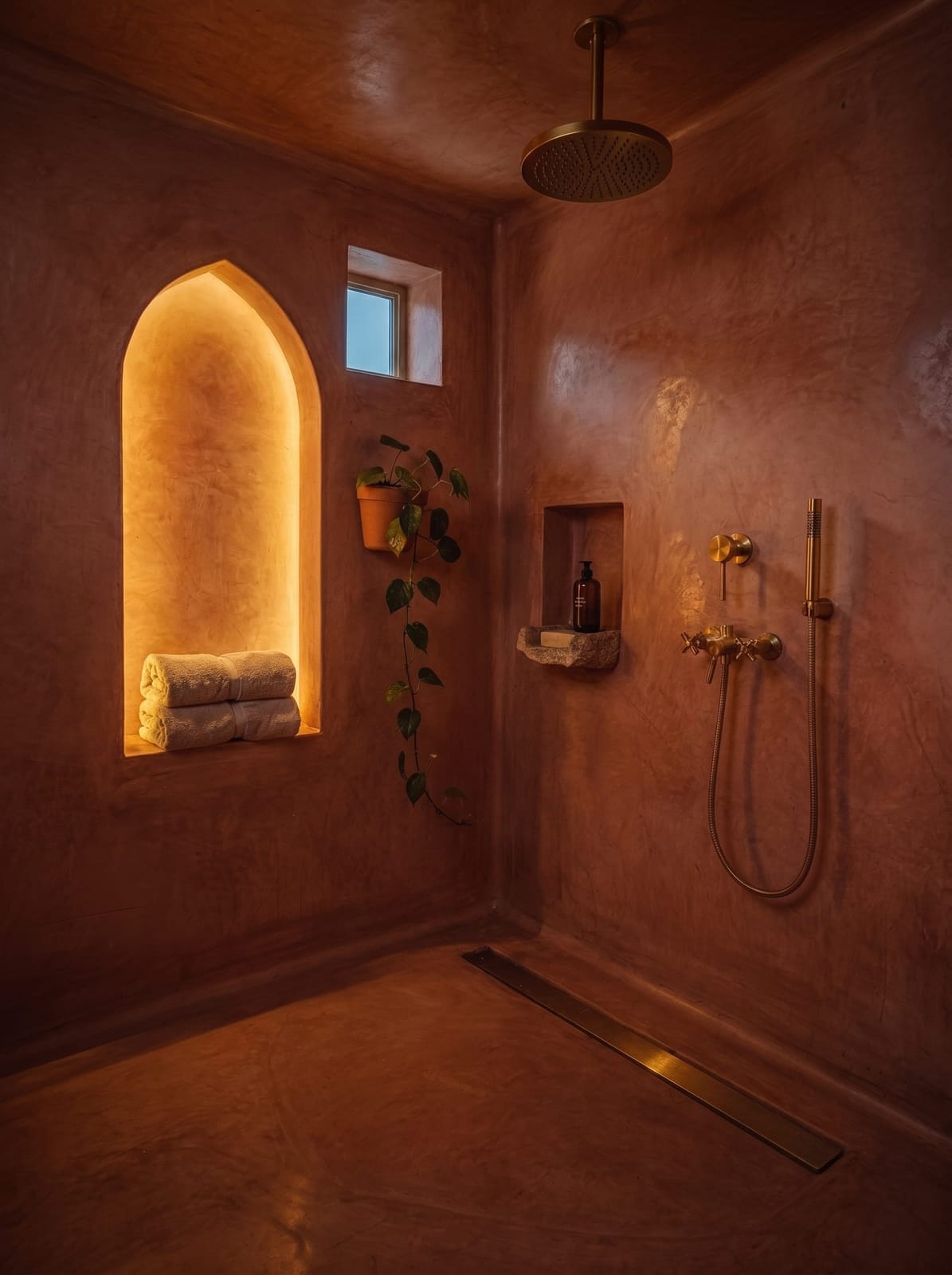 Terracotta tadelakt plaster walk-in shower with unlacquered brass fixtures, arched alcove, cream towels, and trailing pothos plant, shown in day and evening light.