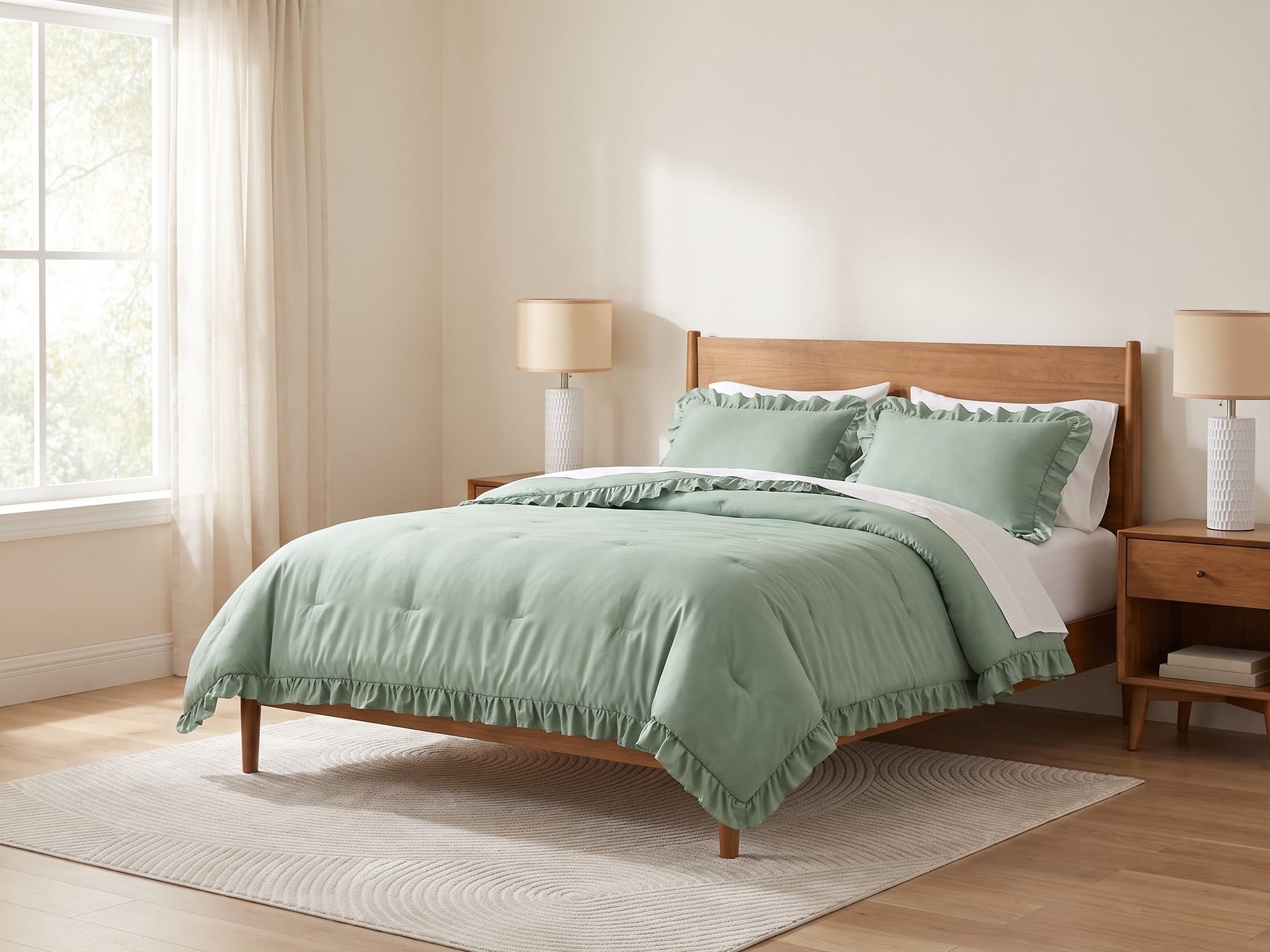 Sage green ruffled comforter on a wood bed with white ceramic lamps, sheer curtains and a beige ripple rug in a sunny cream bedroom.