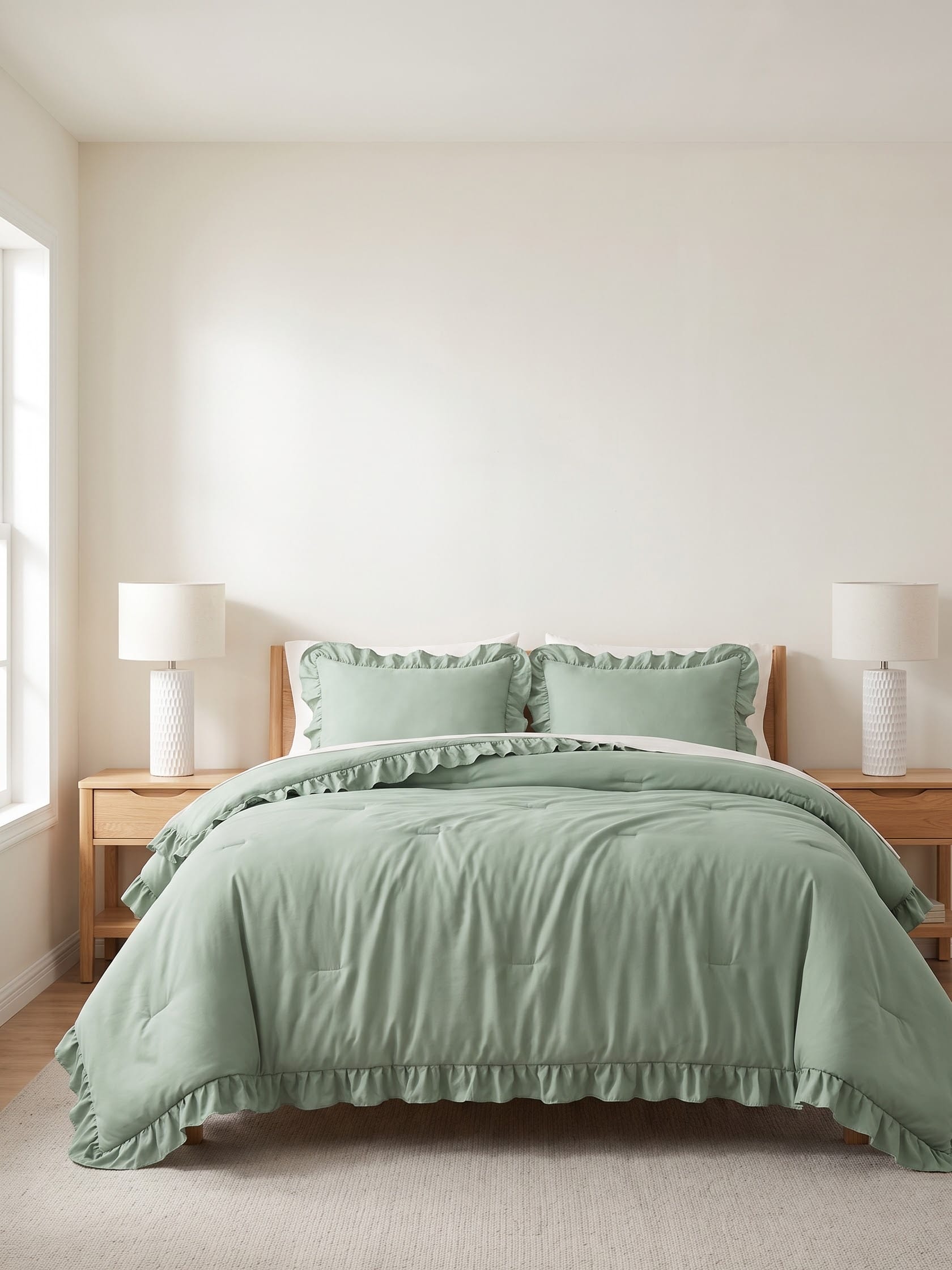 Sage green ruffled comforter on a wood bed between two white textured ceramic lamps, with a pale beige rug and a cream wall.