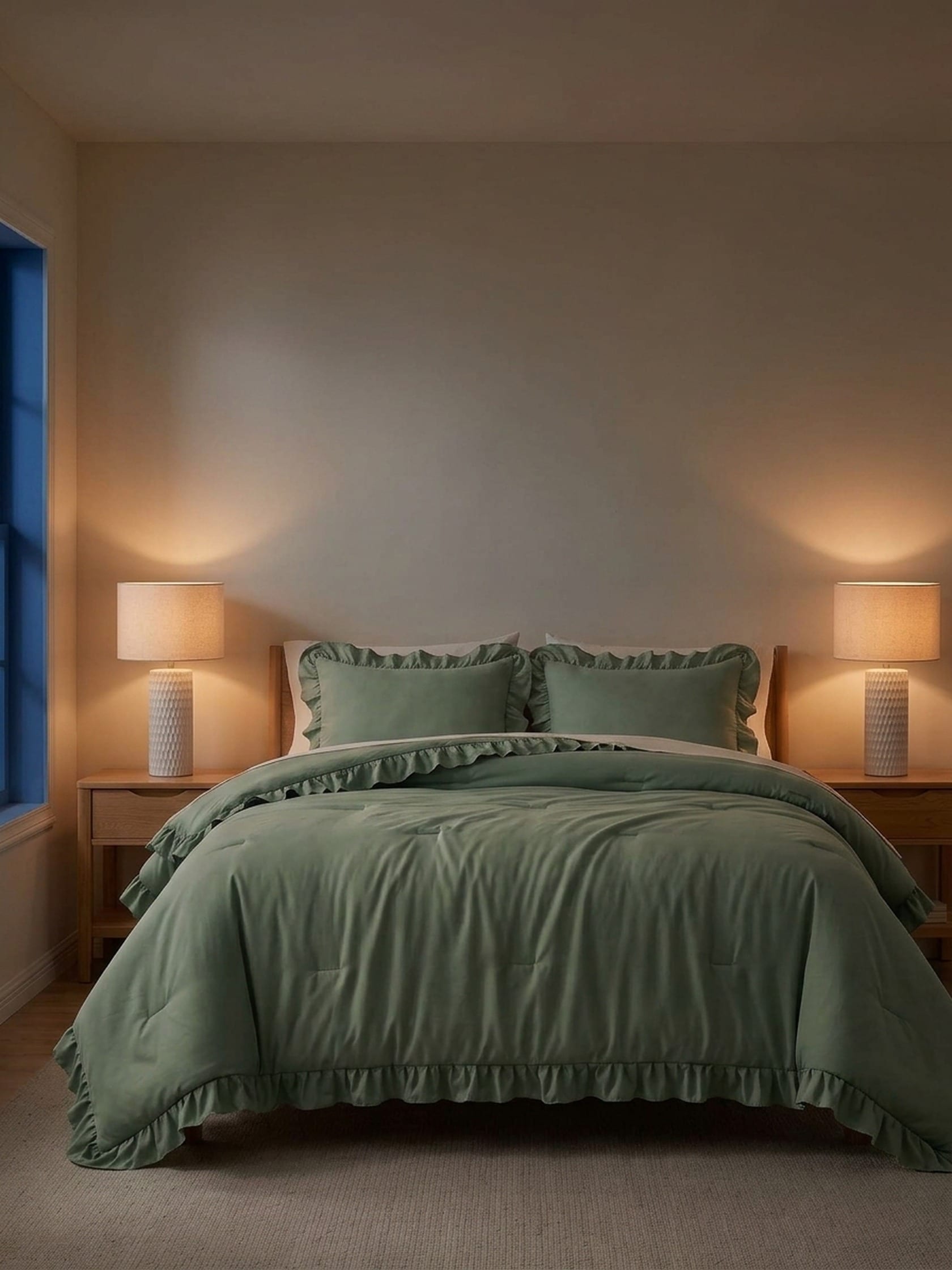 Sage green ruffled comforter on a wood bed between two white textured ceramic lamps, with a pale beige rug and a cream wall.