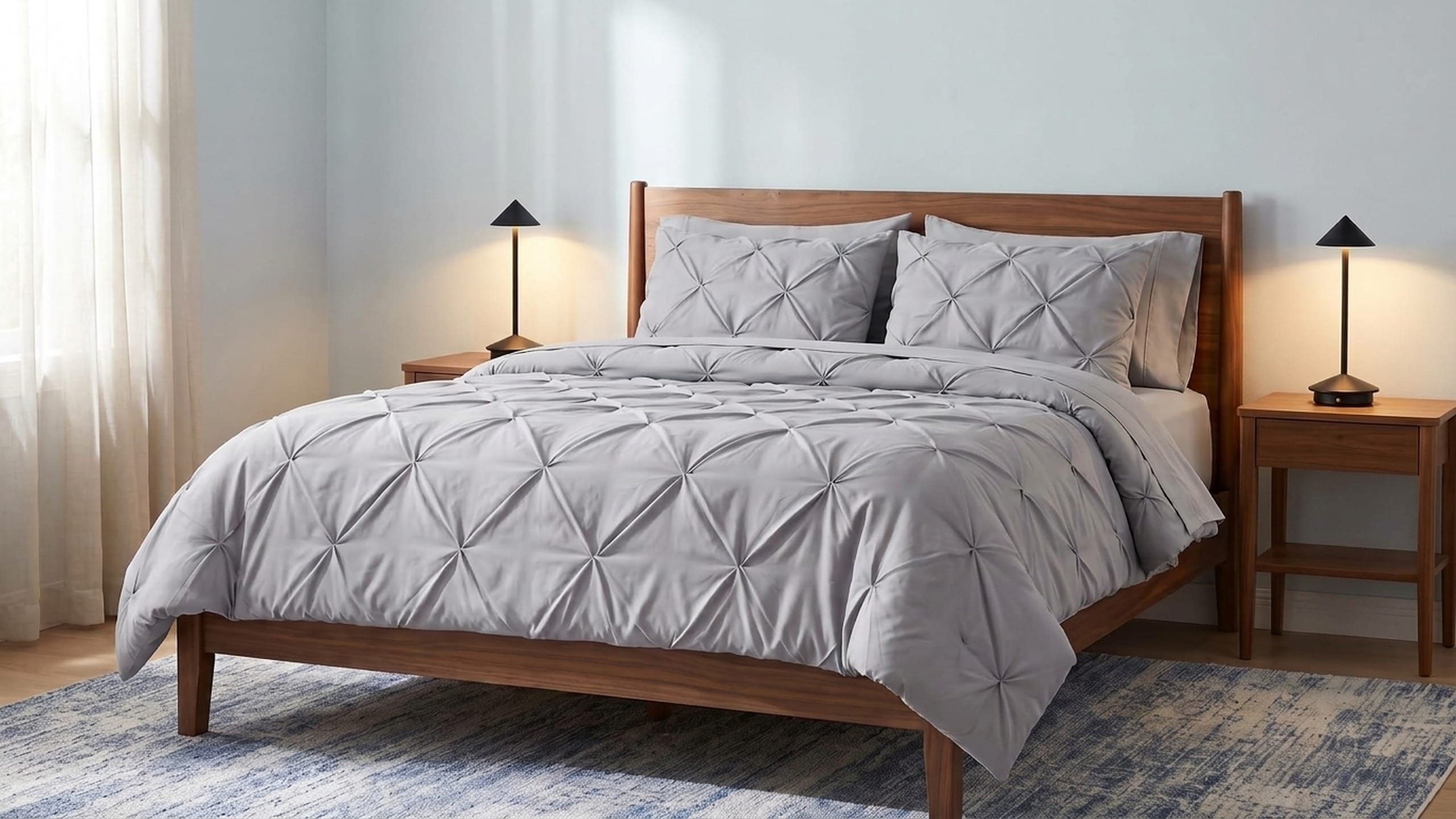 Gray pintuck bedding on a walnut bed with black cone lamps on walnut nightstands, pale blue-gray walls, sheer curtains and a blue distressed rug.