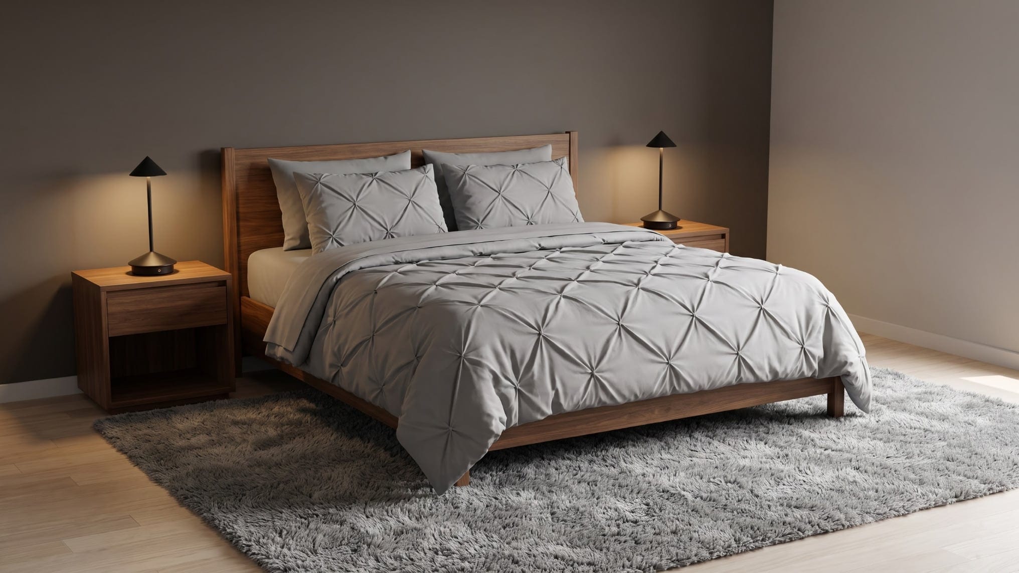 Charcoal-walled bedroom with gray pintuck bedding on a walnut bed, black cordless cone lamps on walnut nightstands and a gray high-pile shag rug.