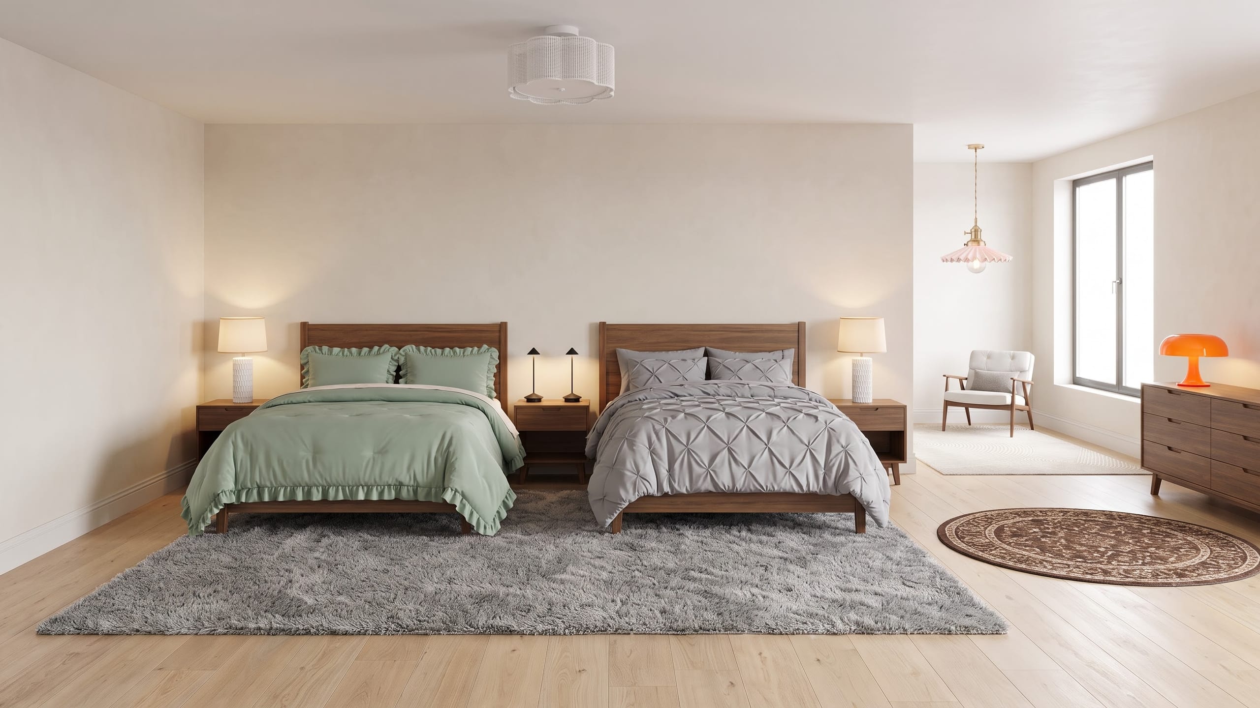 Bedroom with two walnut beds in sage ruffled and gray pintuck bedding, white ceramic and black cordless lamps, a gray shag rug, pink pendant and orange mushroom lamp.