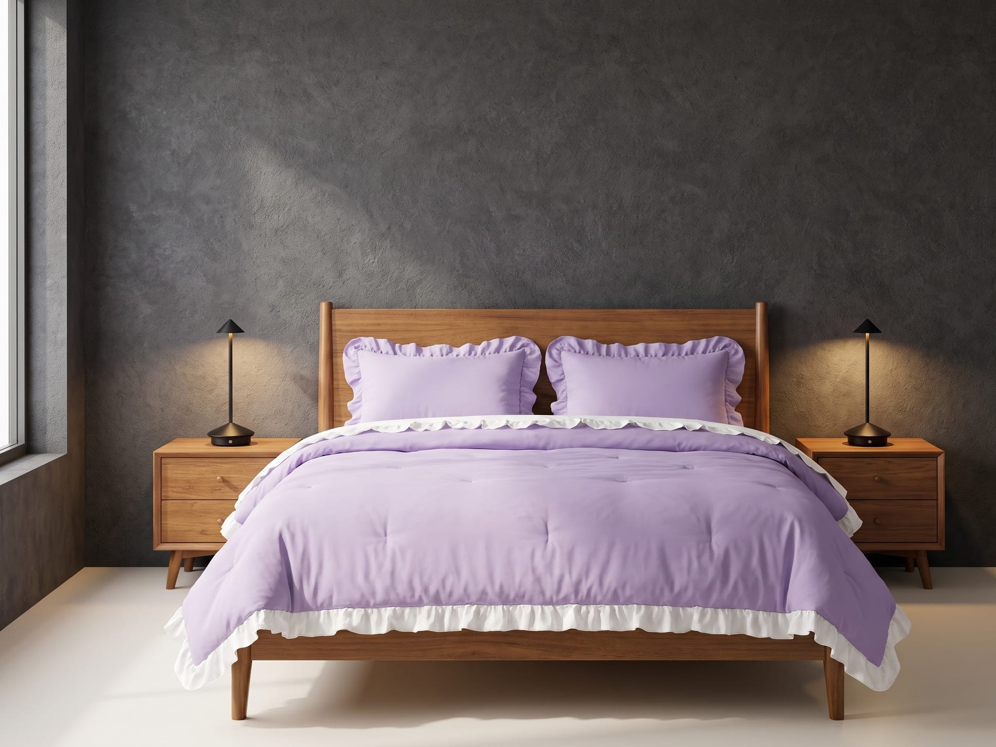 Lavender ruffled bedding with white trim on a walnut bed, two walnut nightstands with black cone table lamps and a textured charcoal wall.