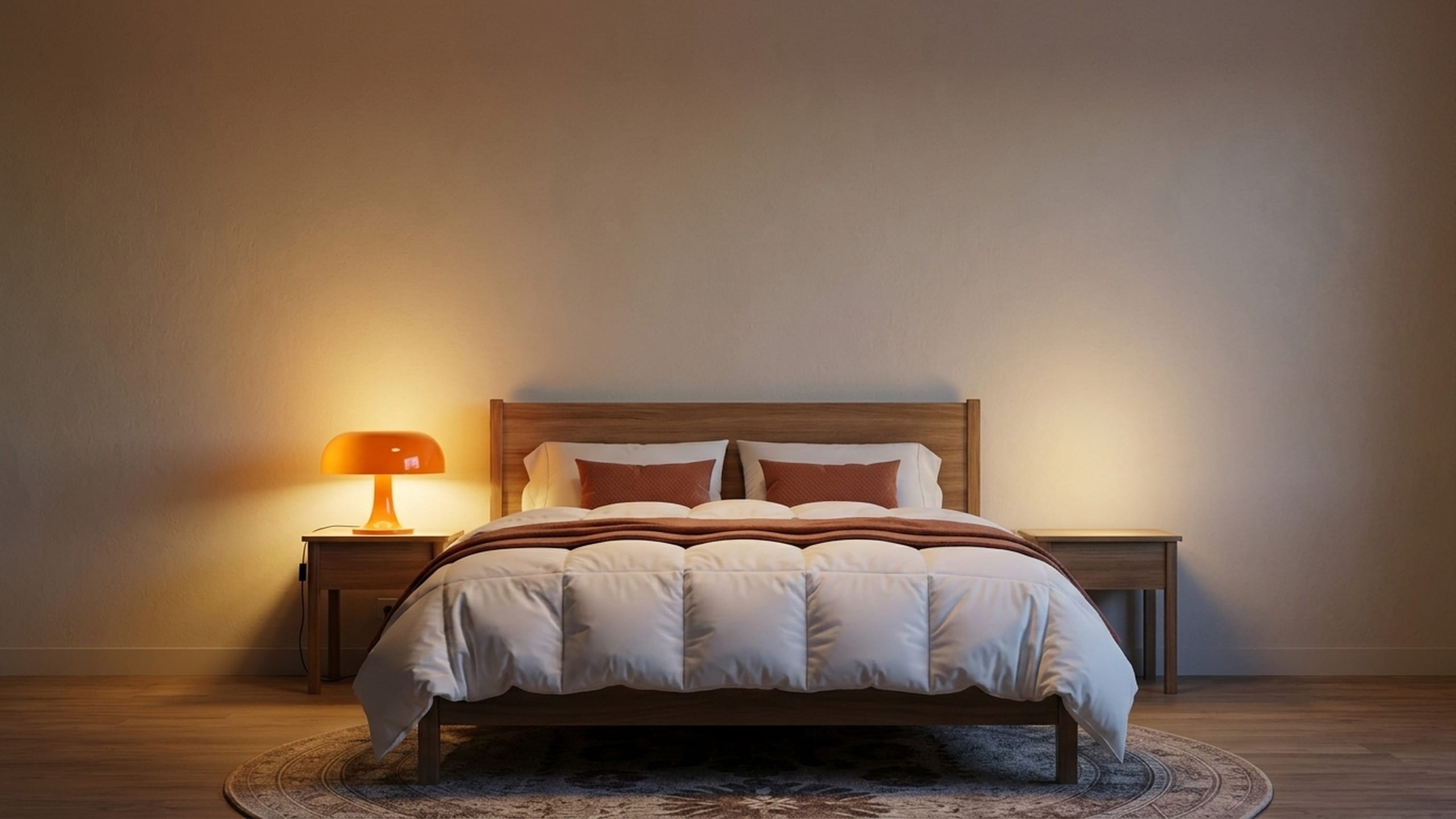 The rust and white bedroom at night, lit by a glowing orange mushroom lamp on a wood nightstand, with warm light across white bedding and a round rug.