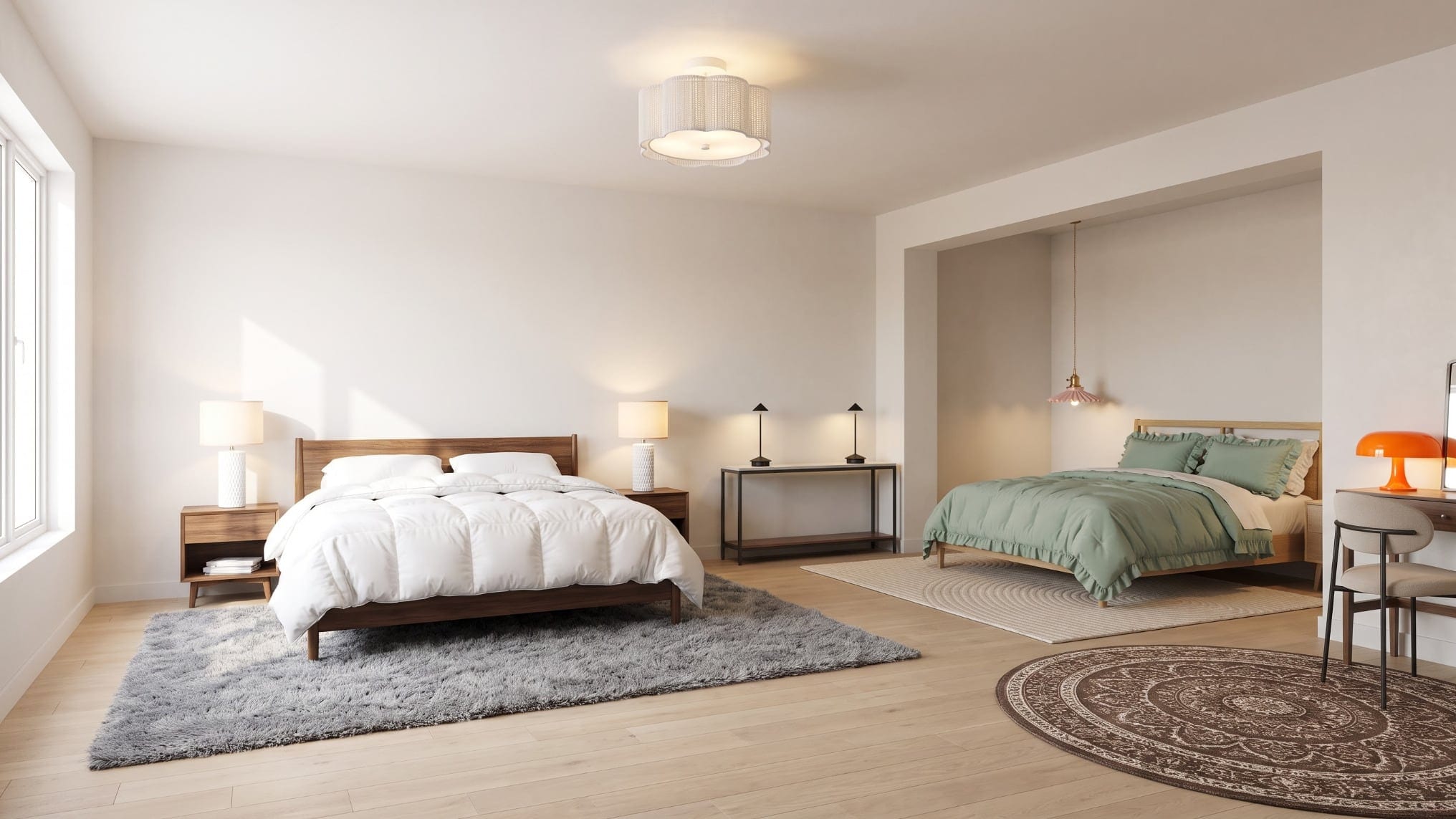 Large cream bedroom with a white comforter on a walnut bed over a gray shag rug, and a sage ruffled bed in an alcove beside a brown round rug and orange lamp.