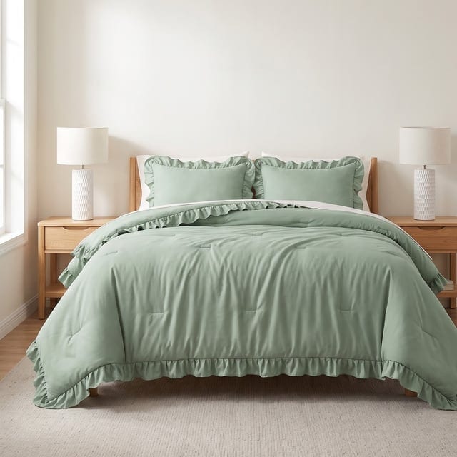 Sage ruffled bedding with white ceramic lamps