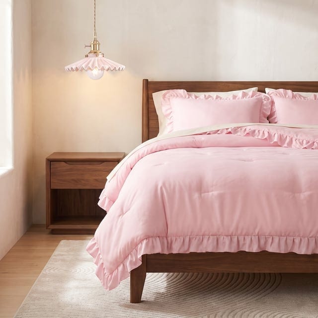 Blush pink bedding under a pleated pink pendant