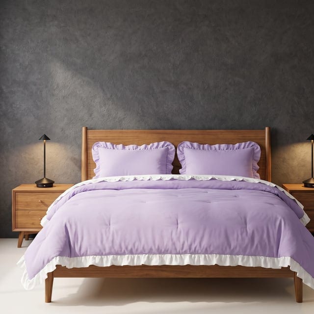 Lavender bedding against a charcoal wall