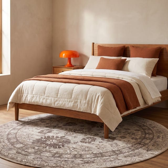 Rust textiles and an orange mushroom lamp