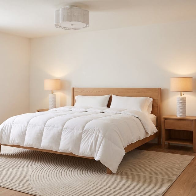 White comforter with white ceramic lamps