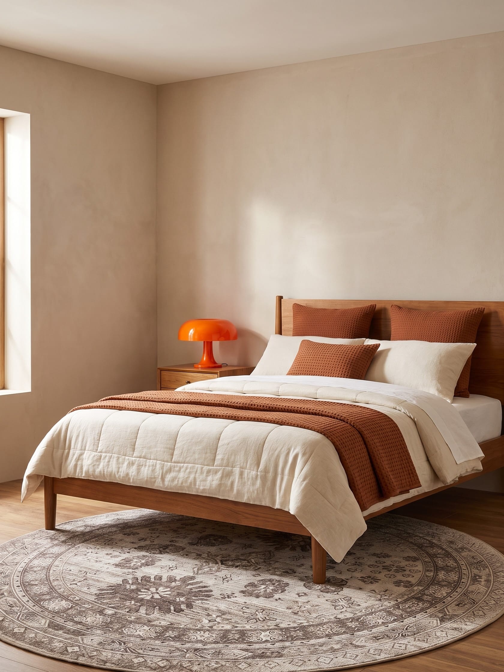 Cream quilted bedding with rust waffle-knit pillows and throw on a wood bed, a glossy orange mushroom lamp and a brown medallion round rug.