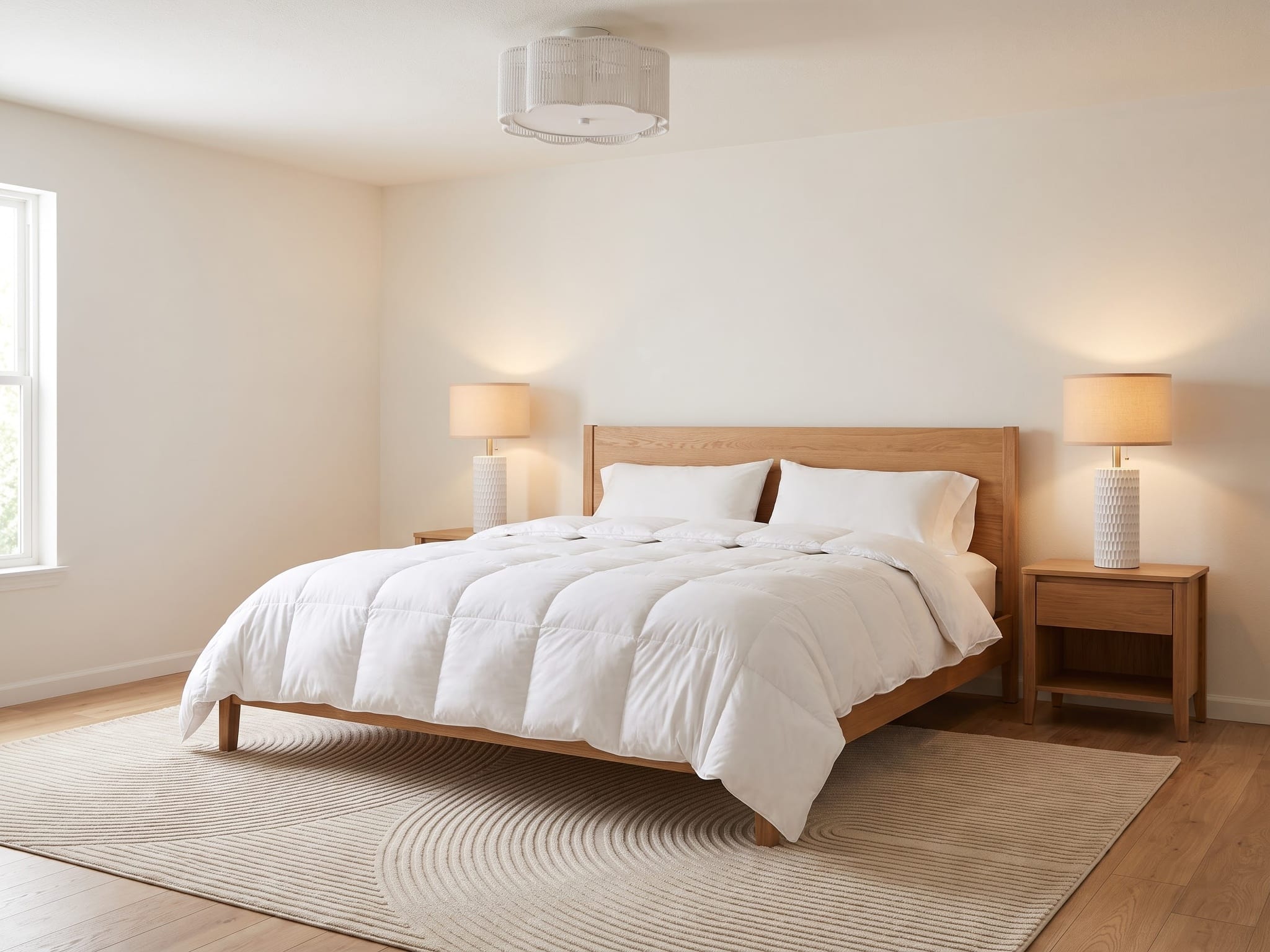 White box-stitched comforter on a light oak bed with white textured ceramic lamps, a beige ripple rug and a woven scalloped ceiling light.