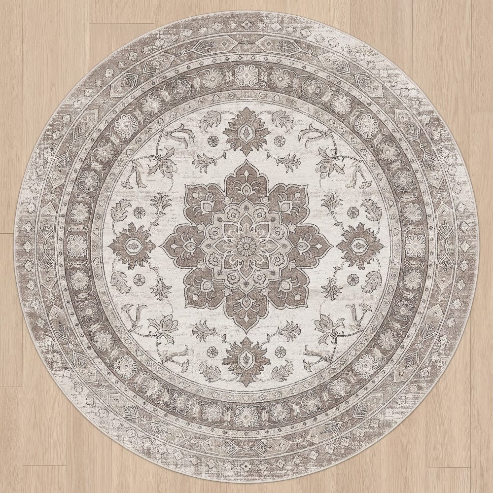 Round brown and beige traditional medallion area rug with a patterned border