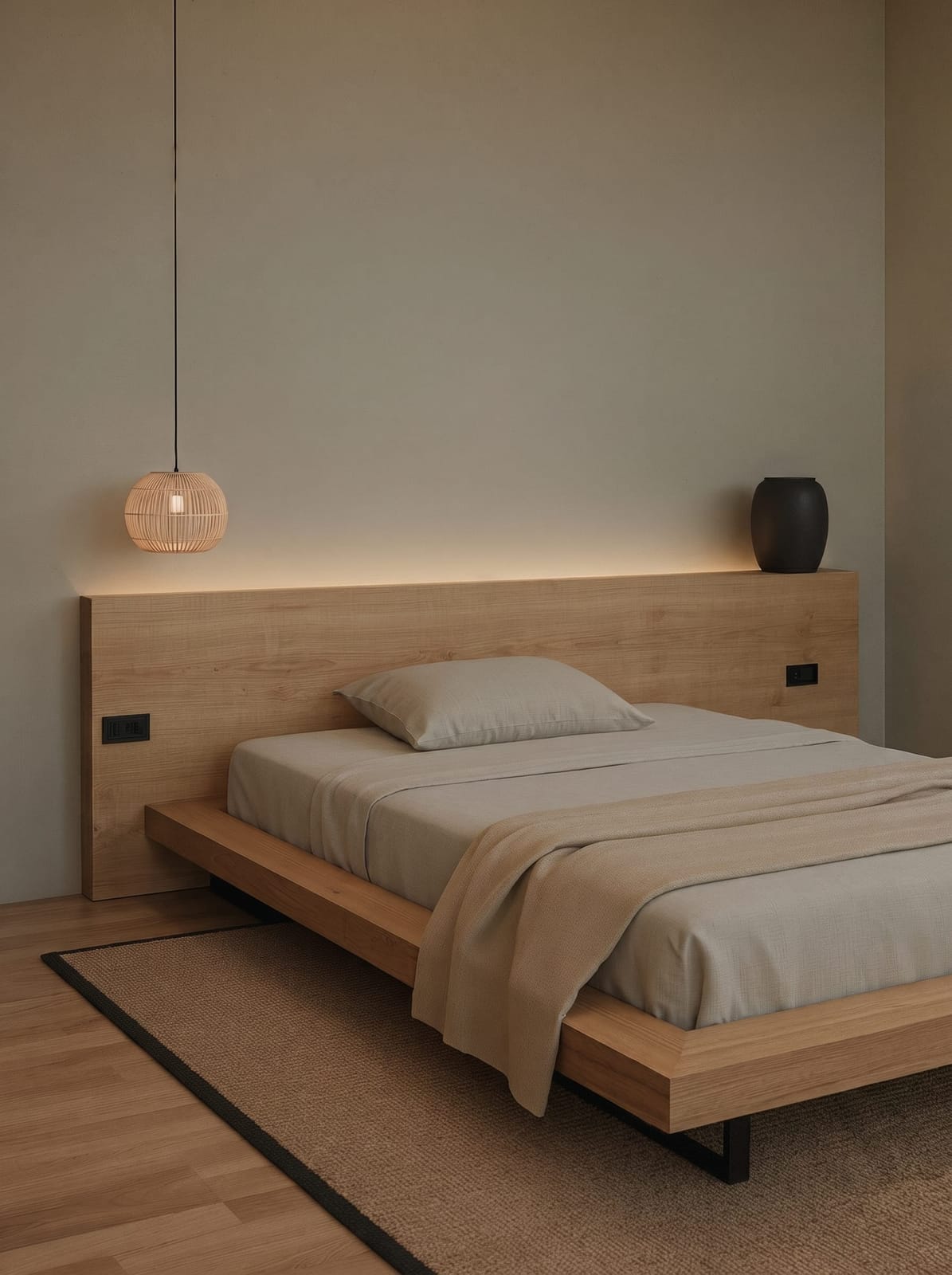 A vertical view of the Japandi oak platform bedroom showing the low bed frame, linen bedding, and a woven rattan pendant light.