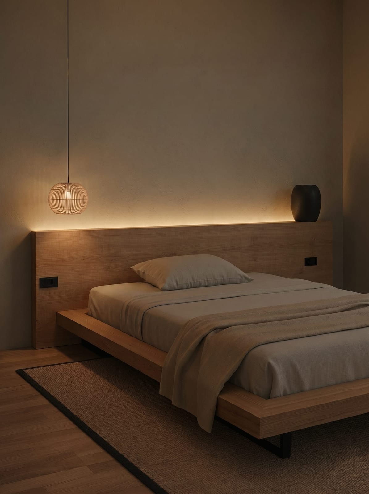 Warm Japandi bedroom with platform bed, linen sheets, and paper lighting.