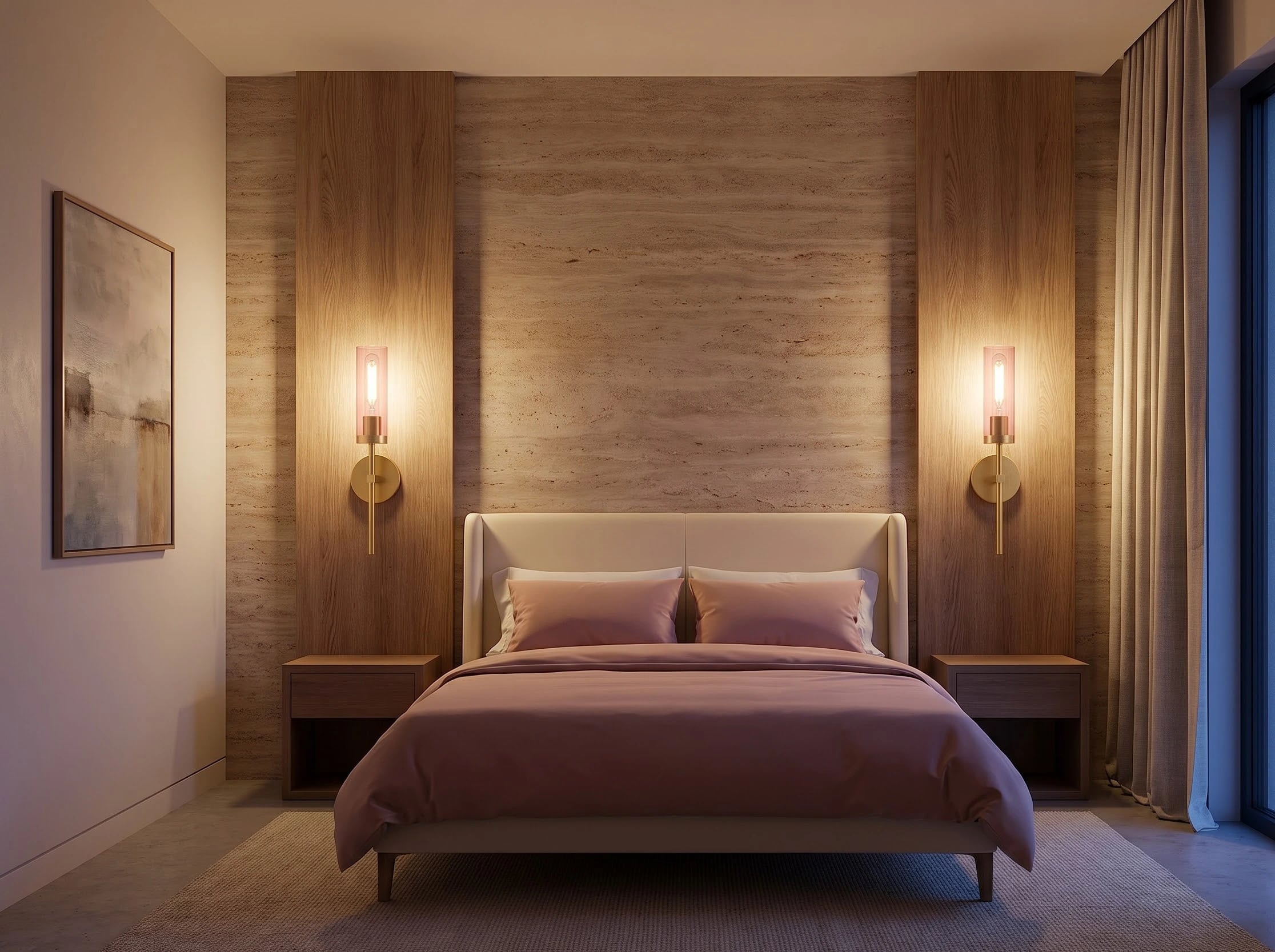 Evening bedroom with warm pink glass wall sconces casting gentle pools of light above walnut bedside tables