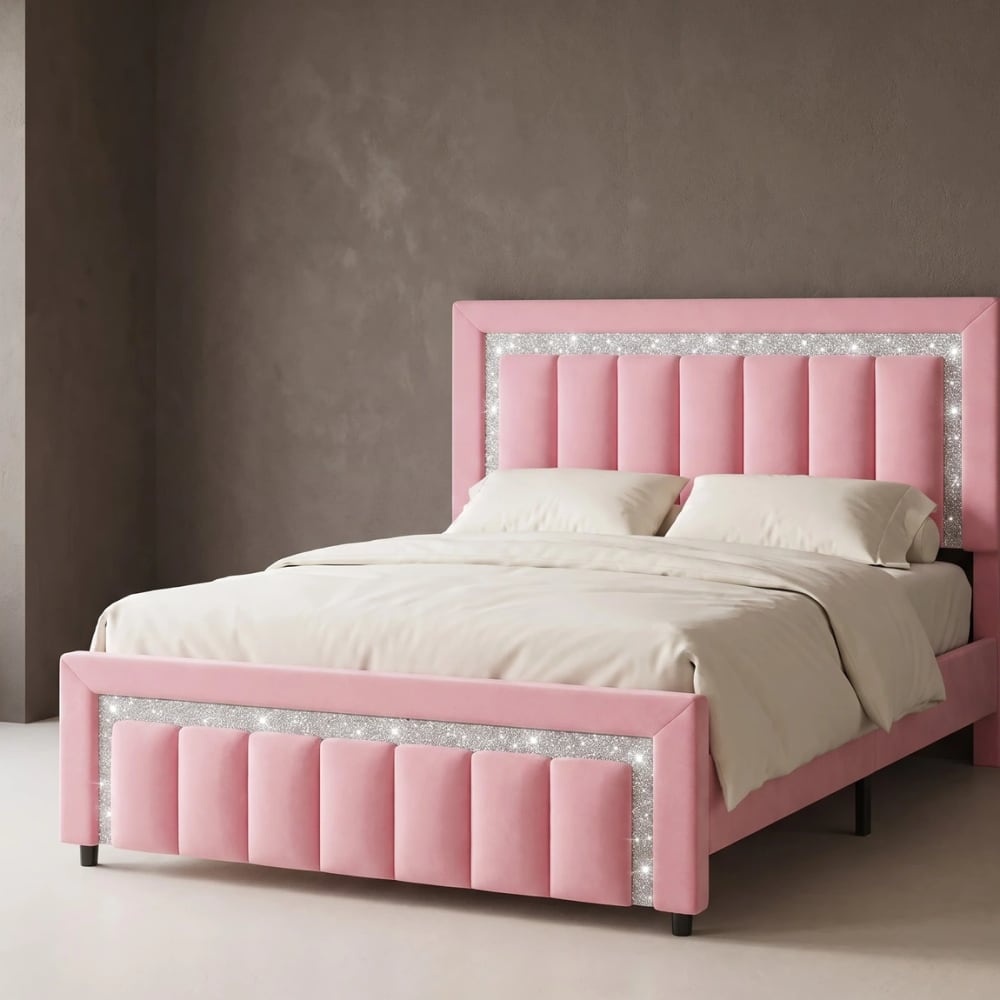 HOMBCK Pink Velvet Bed Frame