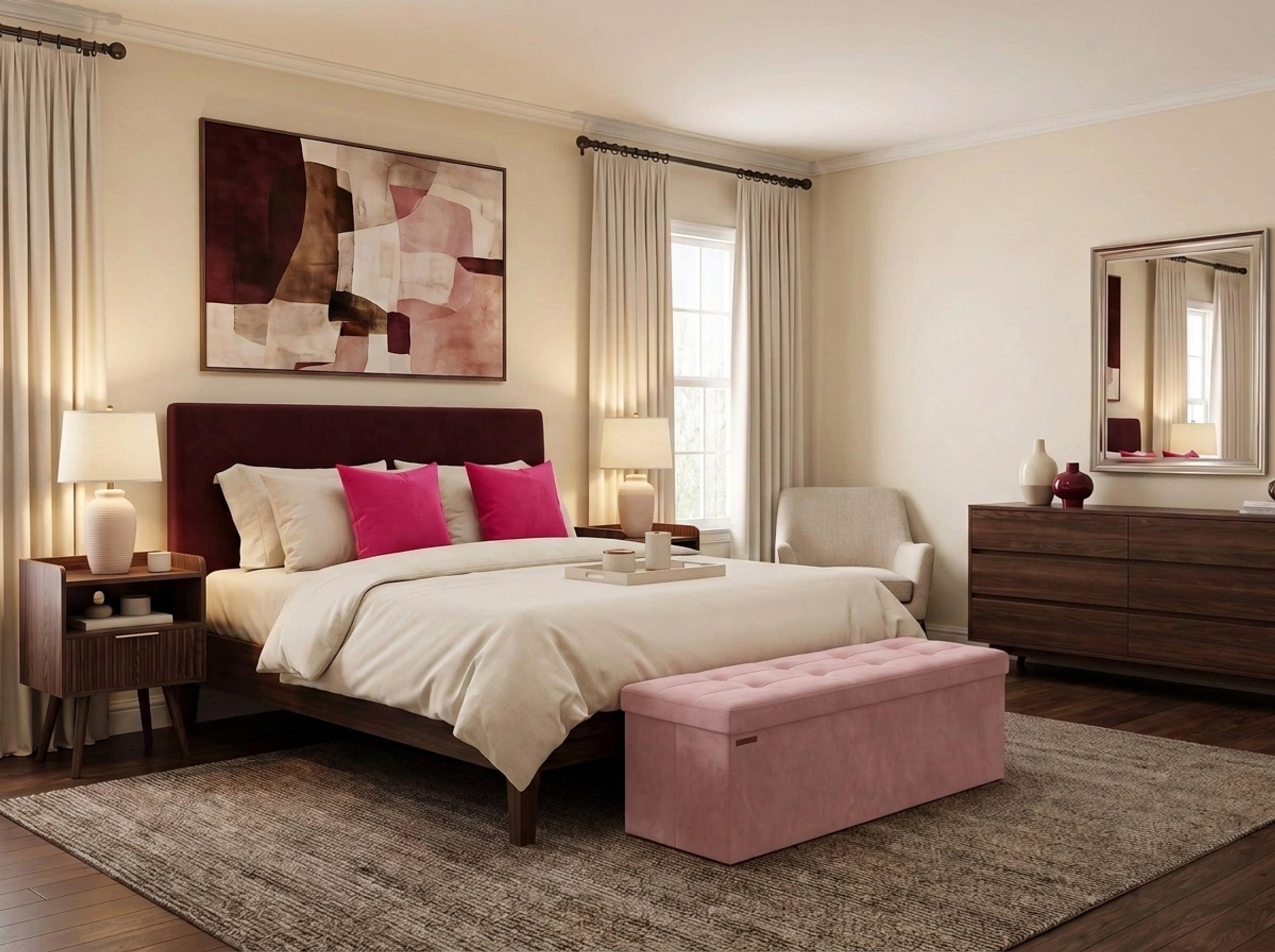 Deep oxblood and walnut wall tones framing crisp light rose bedding in a moody bedroom interior