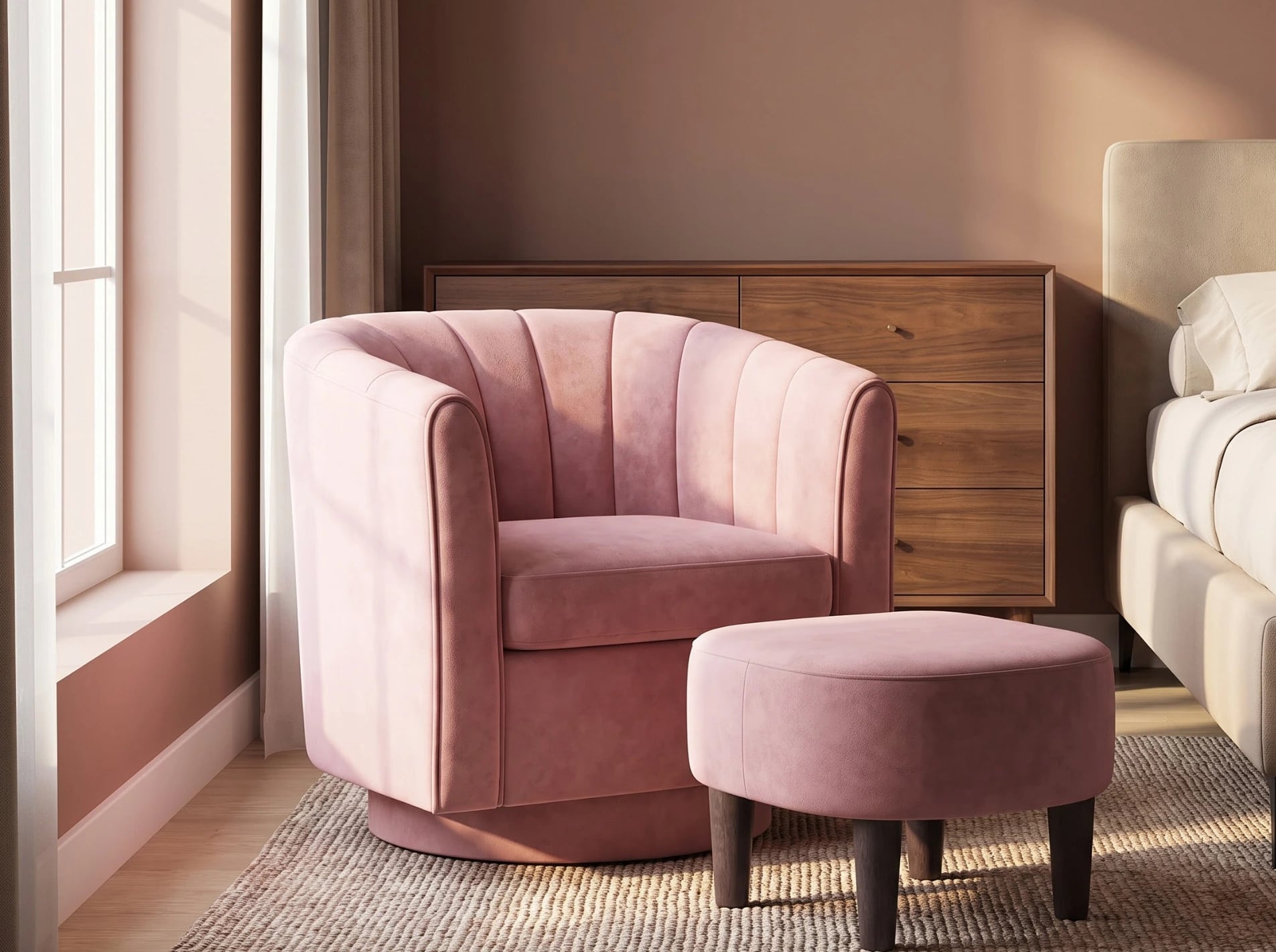 Pink upholstered lounge chair with matching ottoman positioned in a peaceful bedroom corner