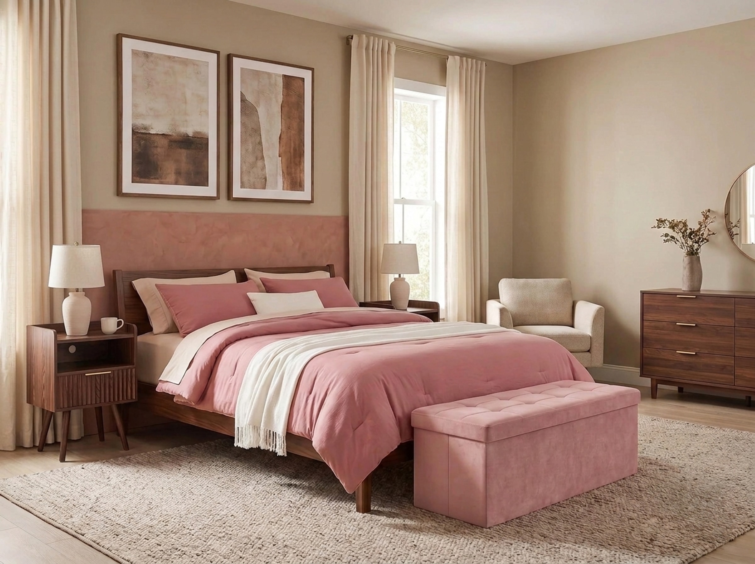 Understated rose and walnut bedroom with upholstered bed, dark timber accents and structured bench.