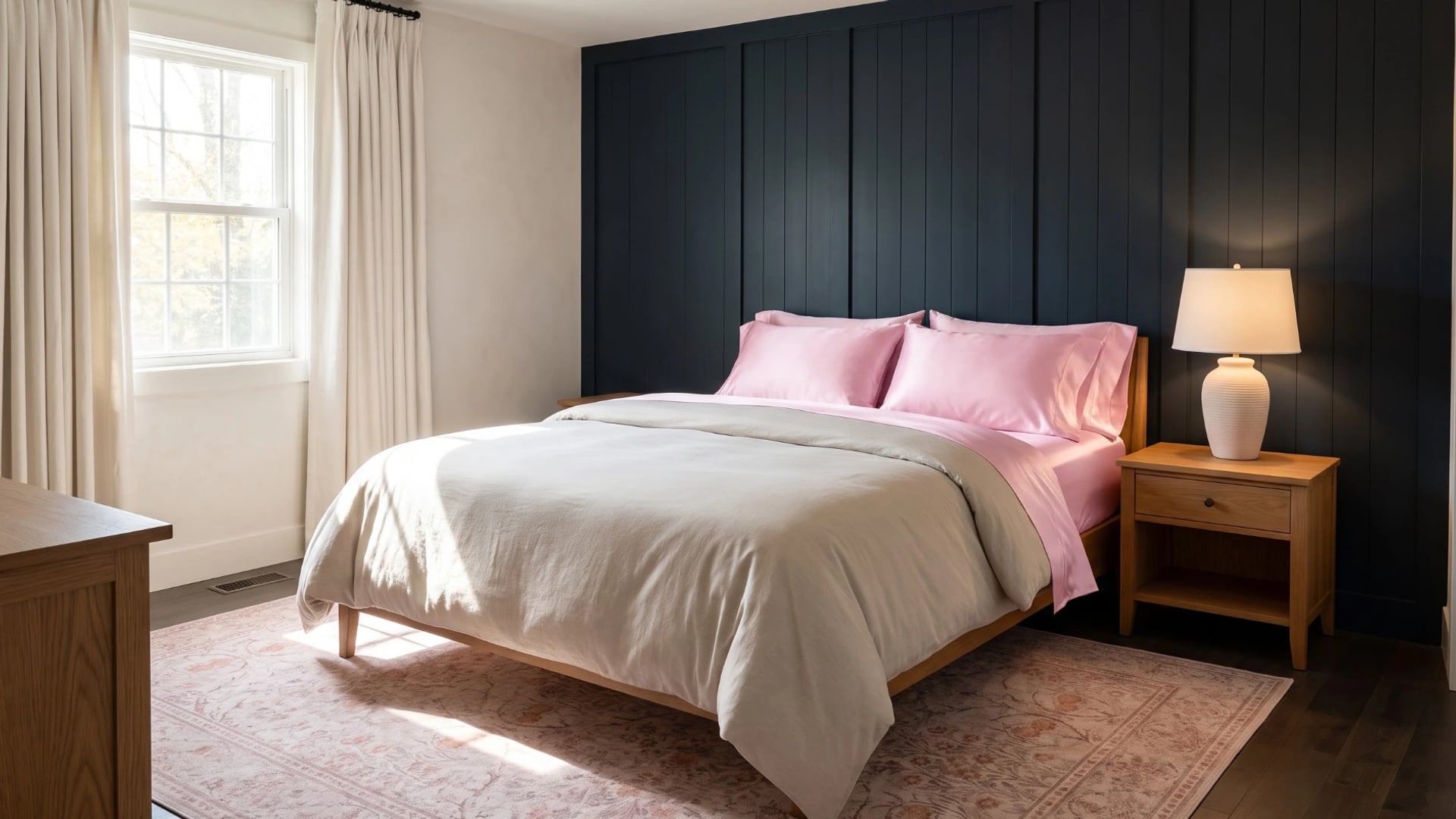Navy feature wall with a bed dressed in soft dusty-rose washed cotton linen, a cream ceramic lamp on a walnut nightstand, and a pale patterned rug.