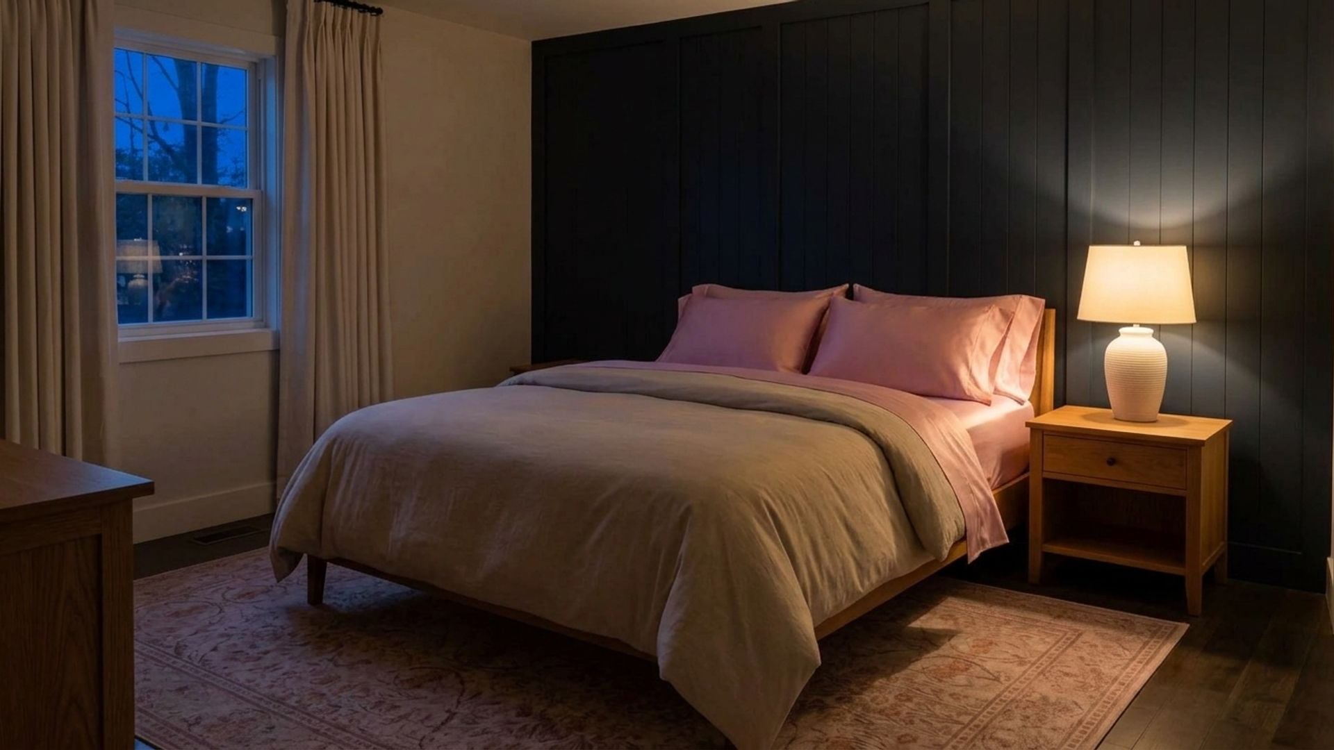 Navy feature wall with a bed dressed in soft dusty-rose washed cotton linen, a cream ceramic lamp on a walnut nightstand, and a pale patterned rug.