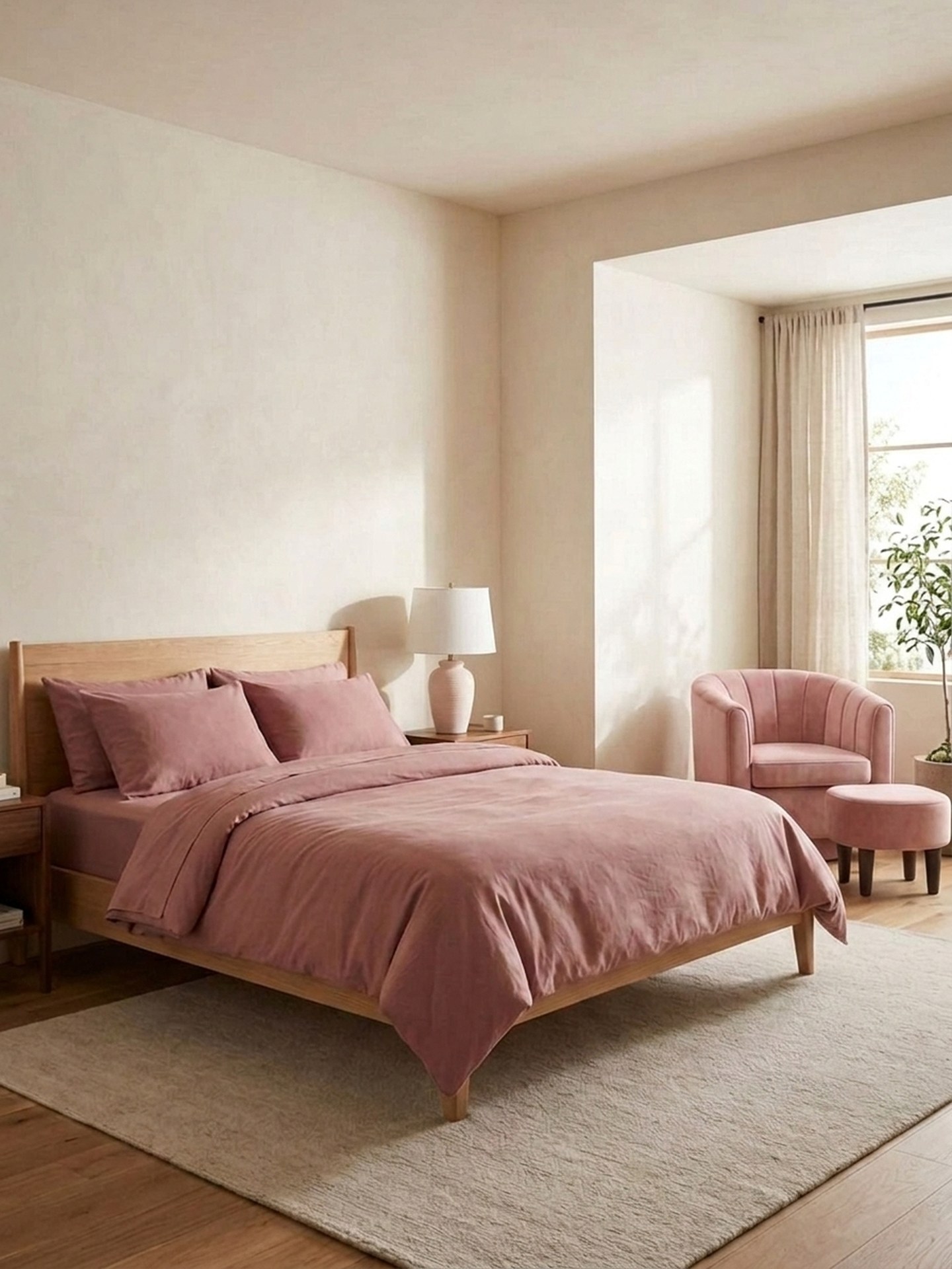 Quiet bedroom with a wood platform bed dressed in dusty-rose washed cotton bedding, a ribbed cream-blush ceramic lamp on the nightstand, and a pink velvet swivel barrel chair with matching ottoman by the window.