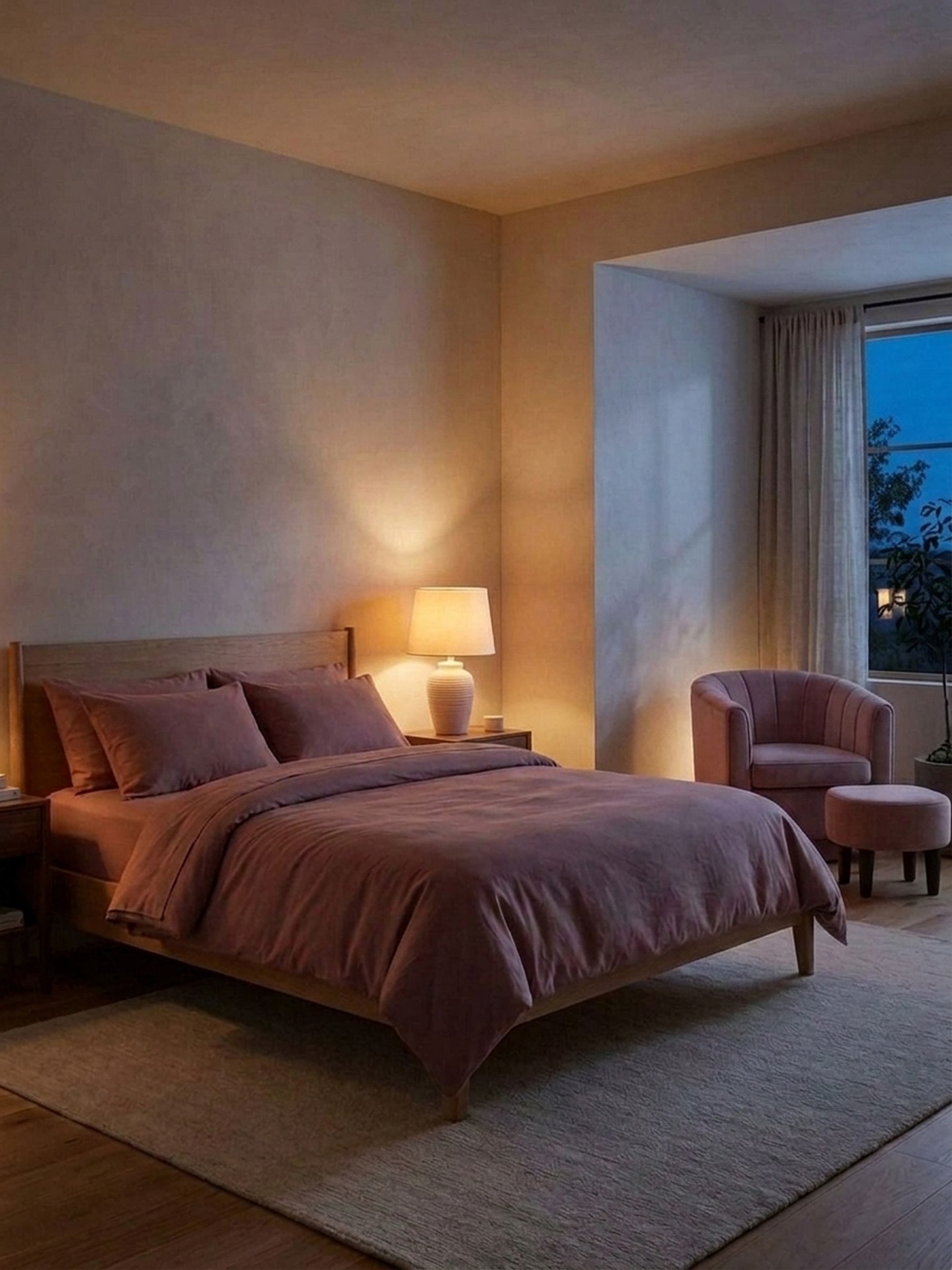 Quiet bedroom with a wood platform bed dressed in dusty-rose washed cotton bedding, a ribbed cream-blush ceramic lamp on the nightstand, and a pink velvet swivel barrel chair with matching ottoman by the window.