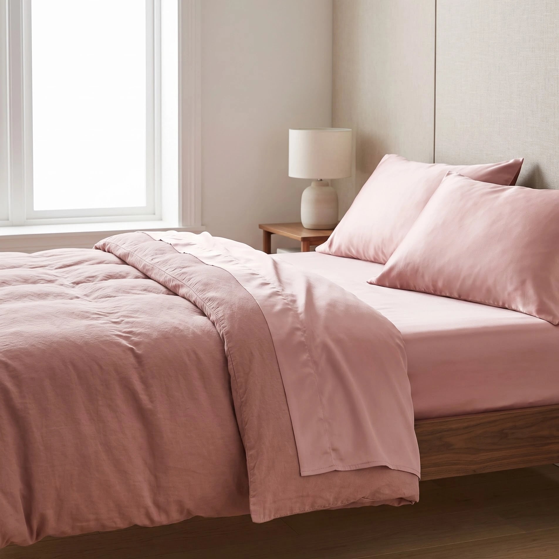 Close-up detail of soft dusty-rose washed cotton duvet cover fabric with subtle textural folds