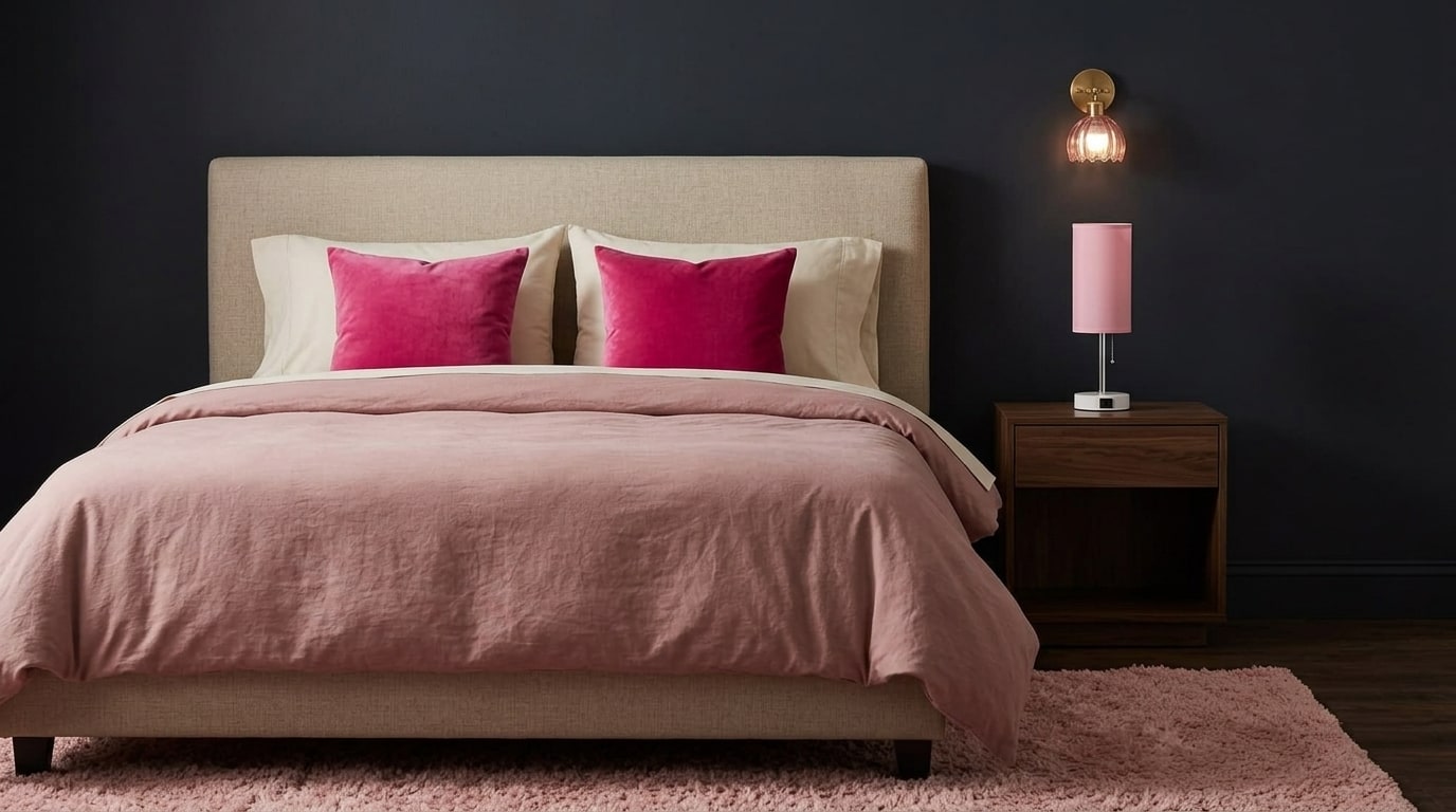 Moody bedroom suite with deep ink-navy wall, dusty-rose washed cotton bedding, hot-pink velvet throw pillows, walnut nightstand with charging lamp, and glowing fluted glass wall sconces
