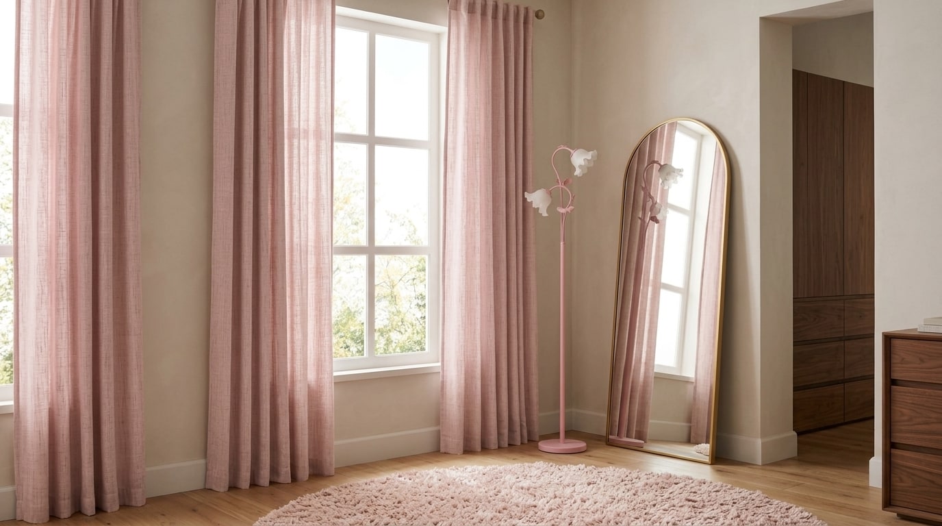 Bedroom window alcove with floor-to-ceiling light pink linen curtains, an arched gold full-length mirror, pink flower floor lamp, and circular shag rug