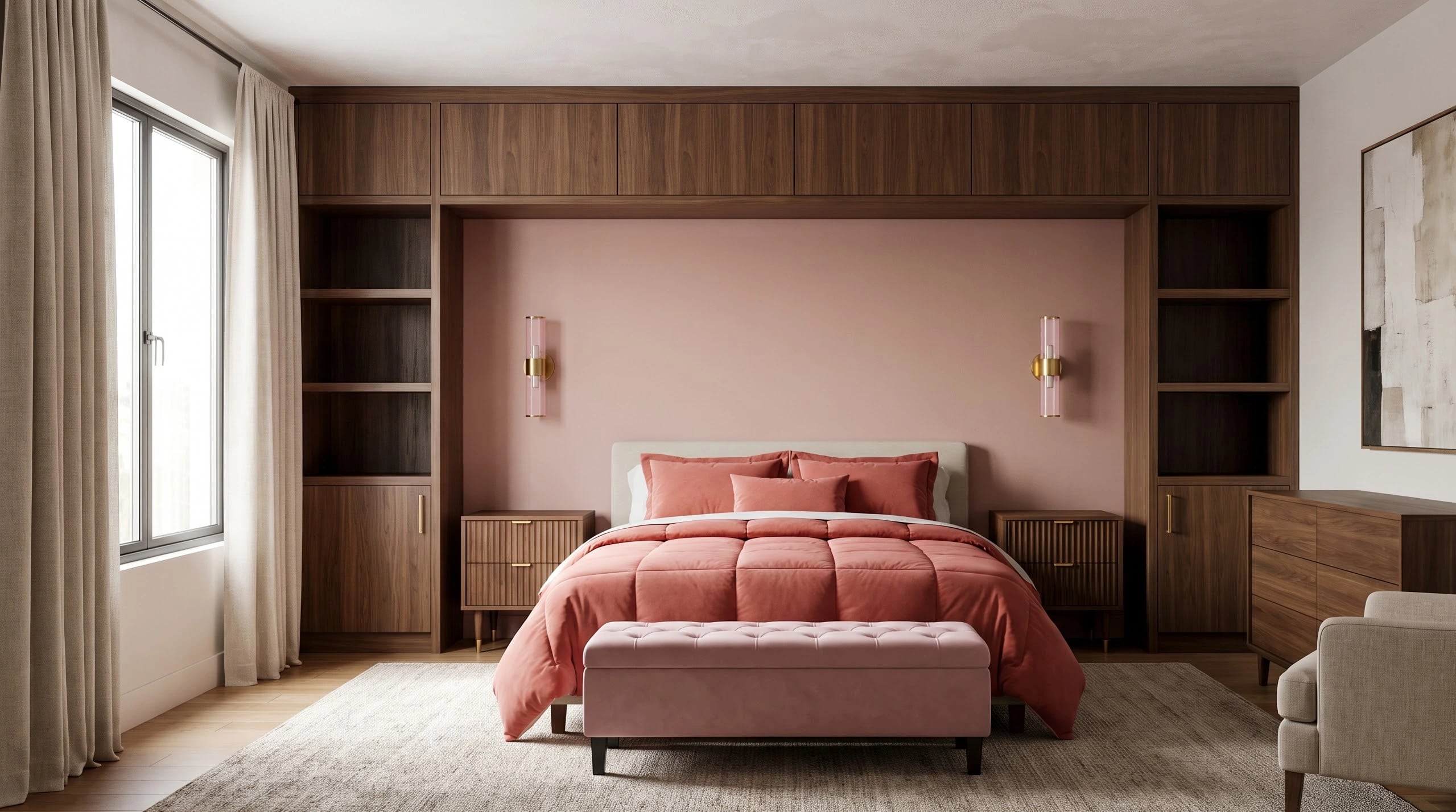 Contemporary bedroom architecture featuring dark walnut casegoods framing a soft pink alcove recess with bedside lighting