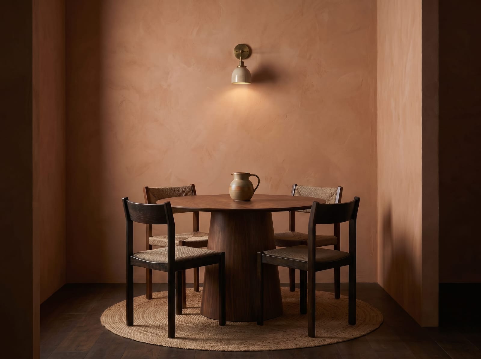 A horizontal view of the compact terracotta dining nook, showcasing the Palisades walnut pedestal table, Nixie dining chairs, hand-woven jute rug, and striped ceramic pitcher under the warm glow of the Trillium wall sconce.