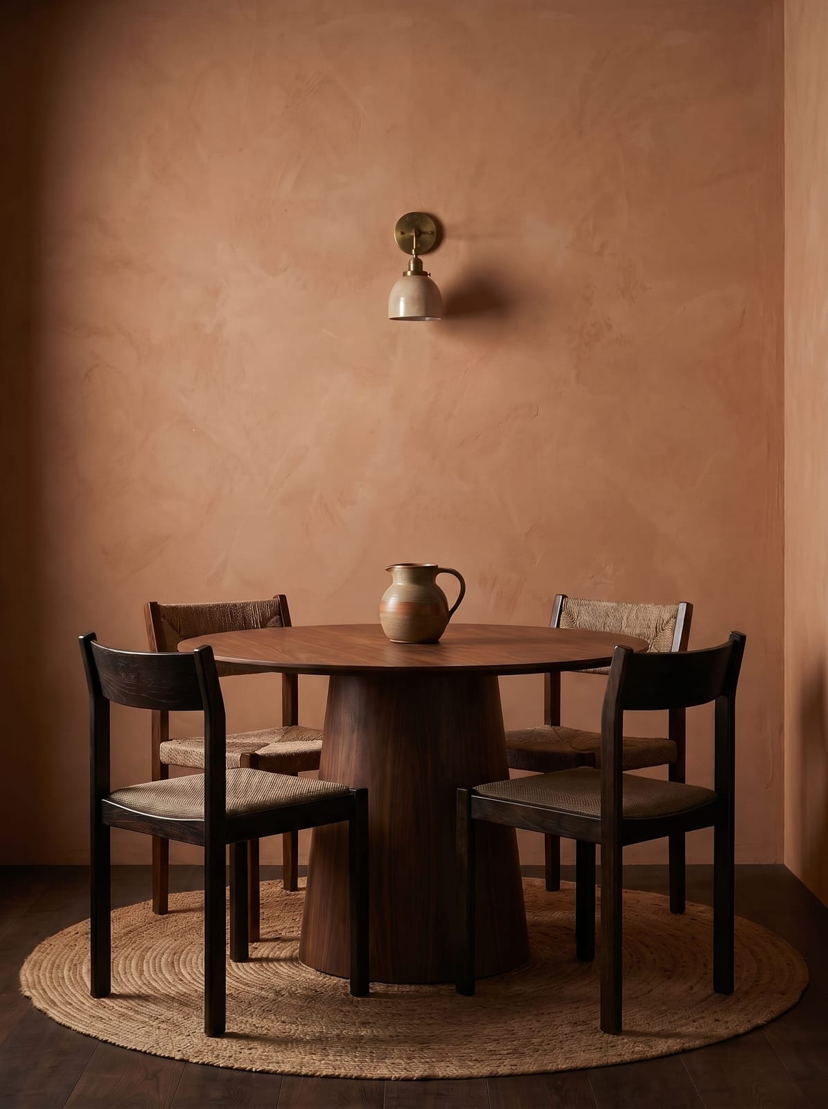 A cozy modern organic dining nook featuring a textured terracotta Roman clay plaster wall, a Crate & Barrel Palisades walnut pedestal dining table, armless black oak Nixie dining chairs with natural handwoven abaca seats, a round jute braided rug, and a Rejuvenation Trillium sconce.