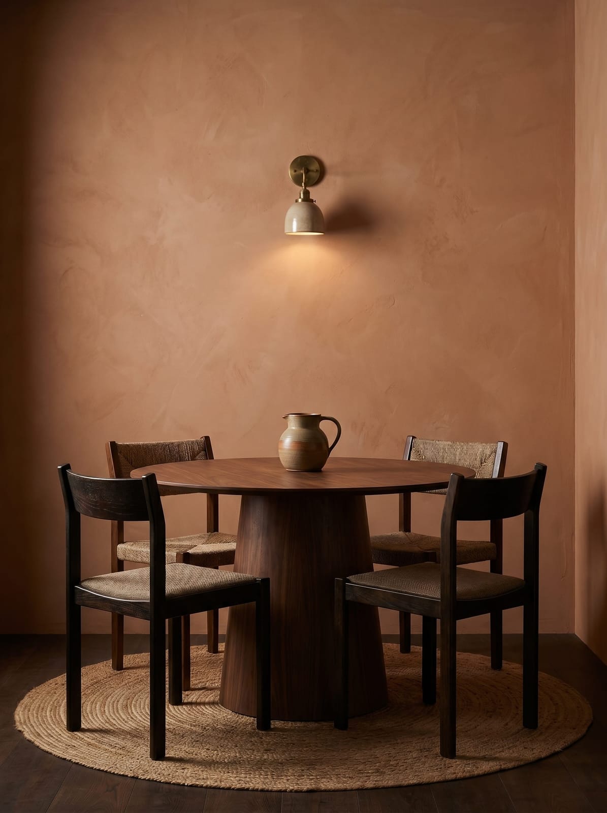 Compact terracotta dining nook under day and night lighting.