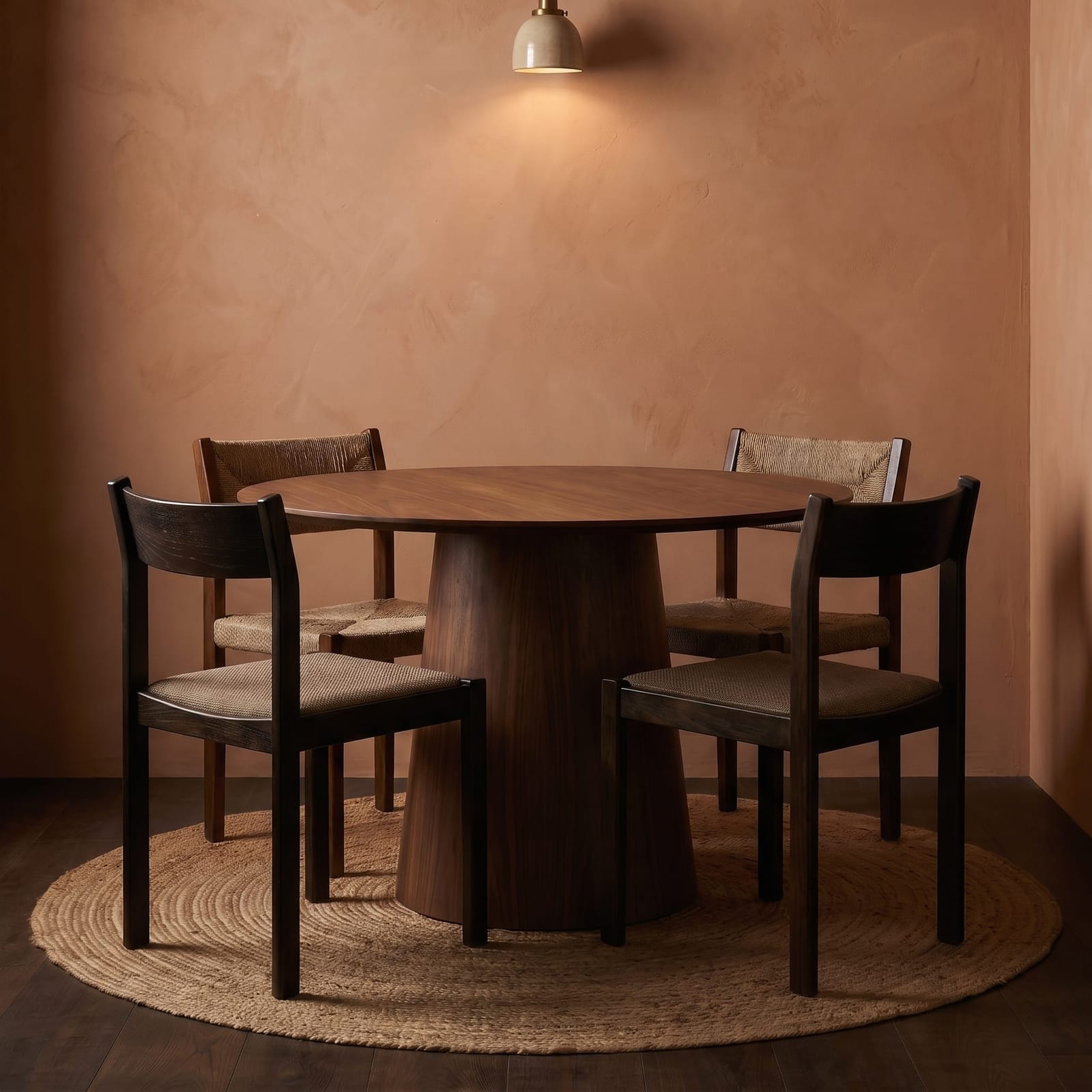 Round pedestal dining table with four dark woven chairs against terracotta plaster walls.