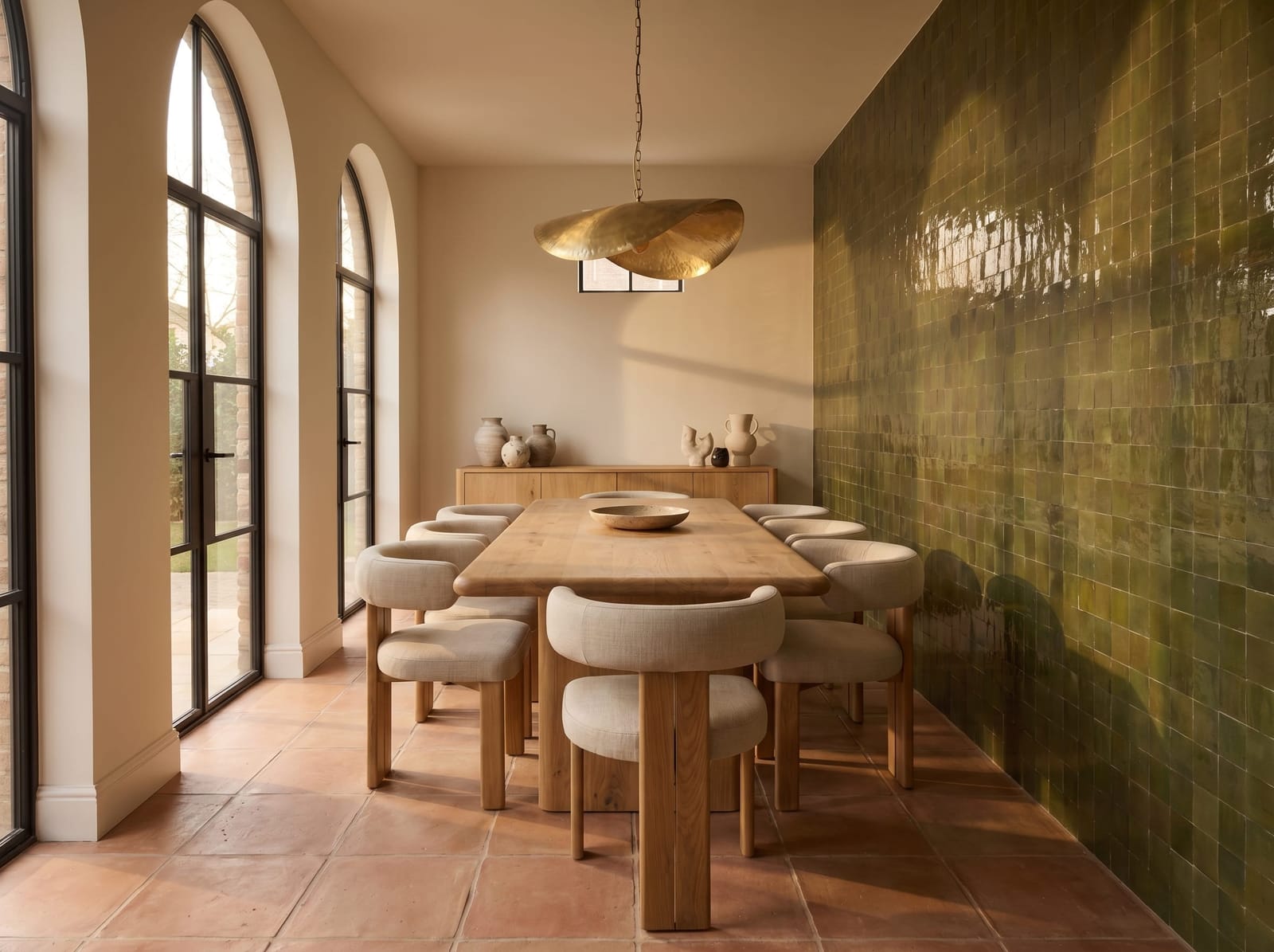A horizontal view of the olive zellige and natural oak dining room, highlighting the wavy Lilypad brass pendant light, the curved wood dining table, and Saltillo floor tiles.