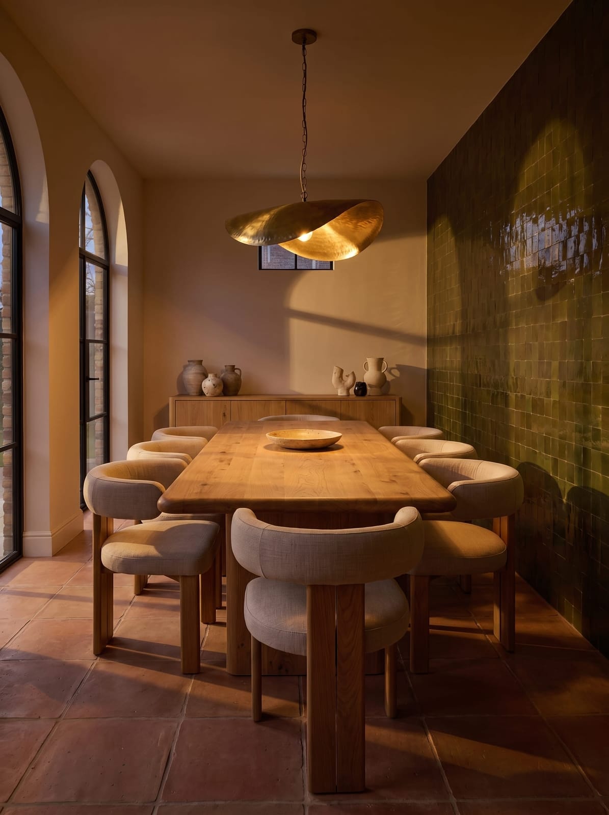 Olive zellige oak dining room showing daylight bright warm tones and evening cozy low-light tones.