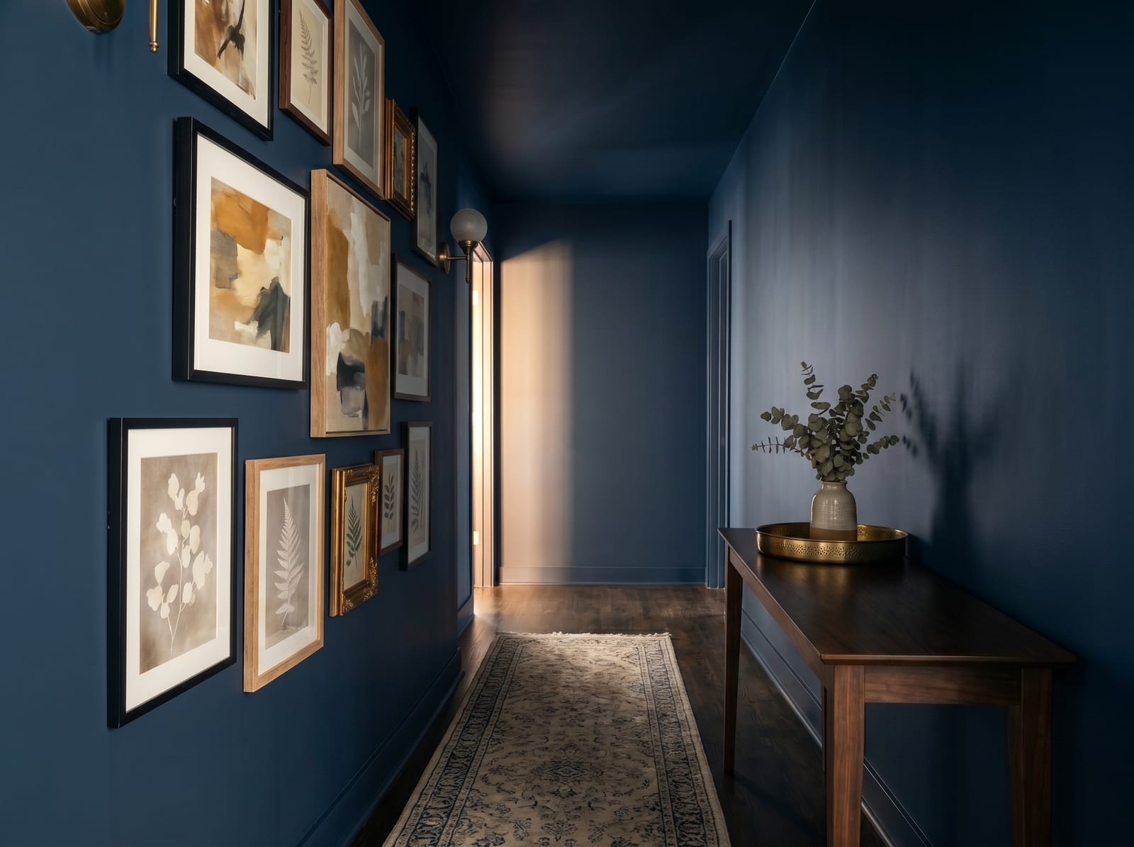 A narrow walnut console table against a deep navy blue wall in a gallery hallway, styled with a brass-tone tray, white ceramic vase, and eucalyptus stems.