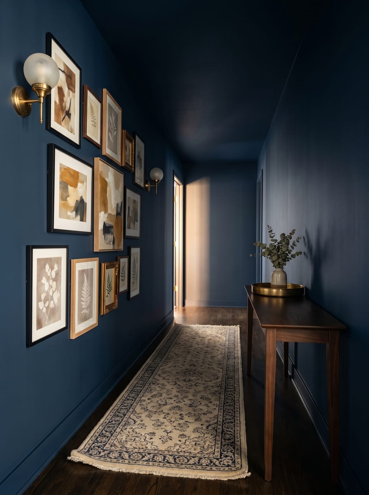 Deep navy blue entryway hallway with a curated gallery wall, a slim walnut console table, and warm aged brass globe sconce lights.