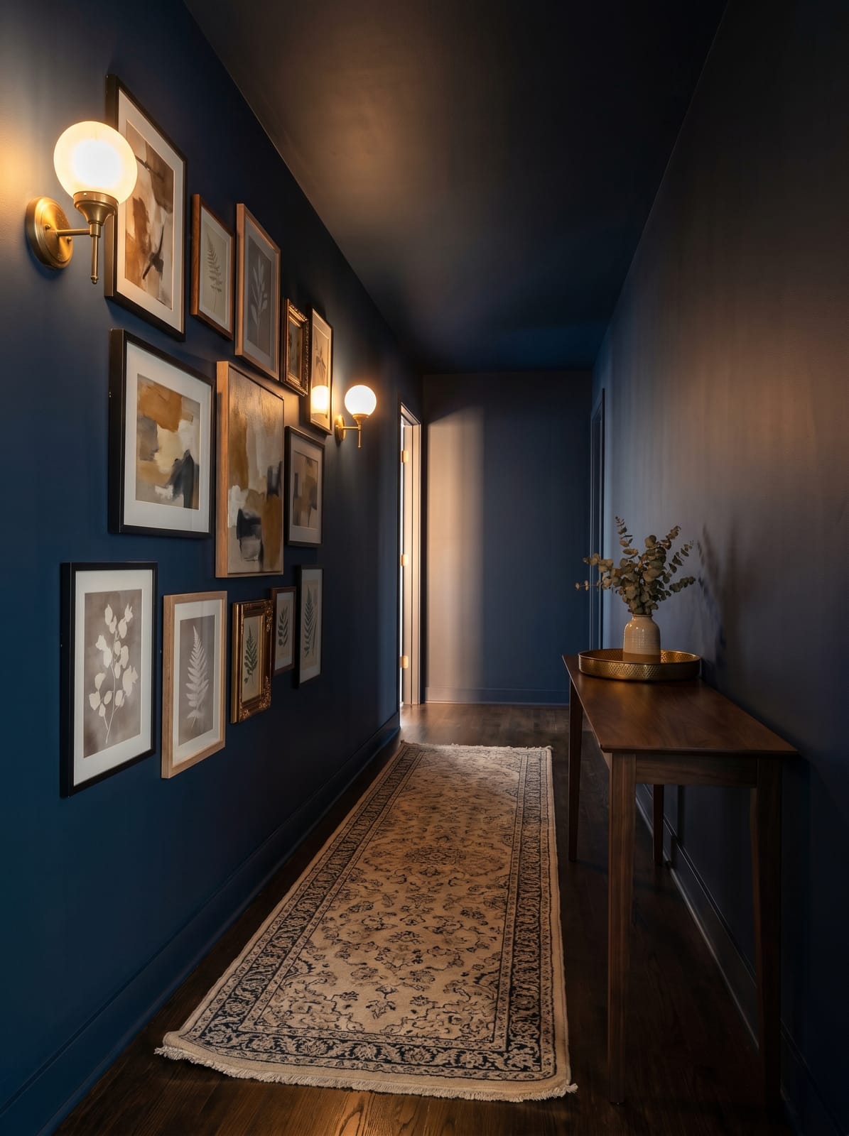 A gallery wall hallway featuring a walnut console table shifted from natural daylight to glowing warm sconce lighting at dusk.