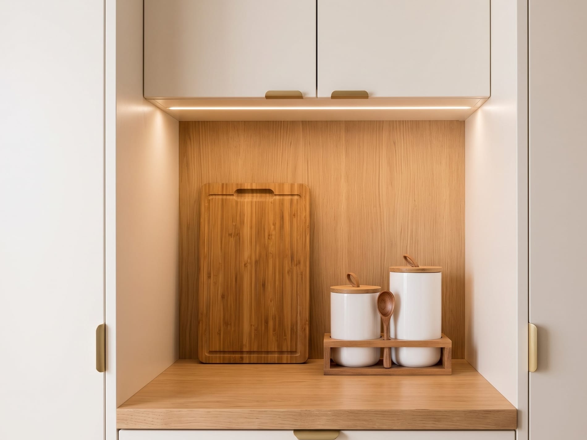 Wood-lined work niche joinery detail with cutting board and ceramic canisters