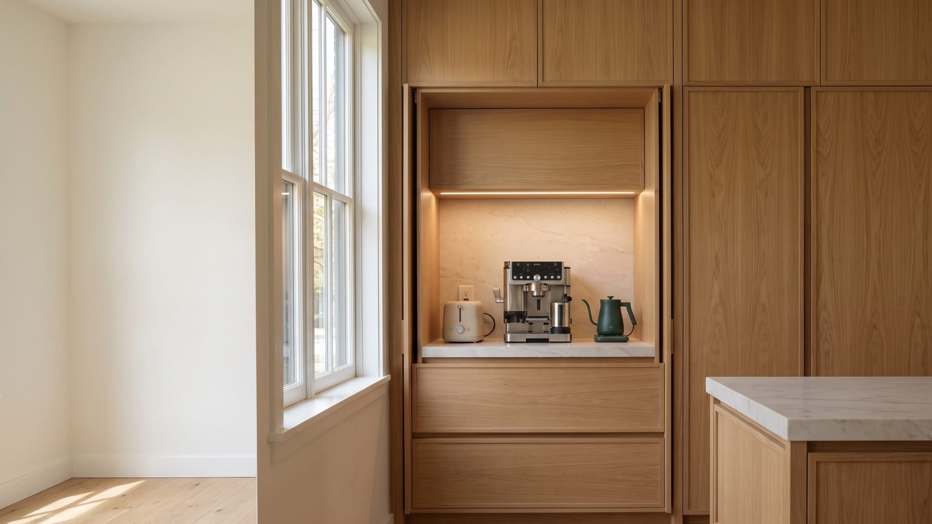 Oak appliance garage coffee station with pocket doors and countertop appliances.