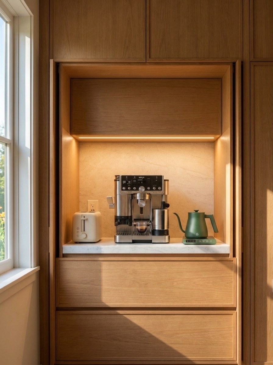 Oak coffee station with espresso machine, toaster and green kettle under warm daylight and evening illumination.