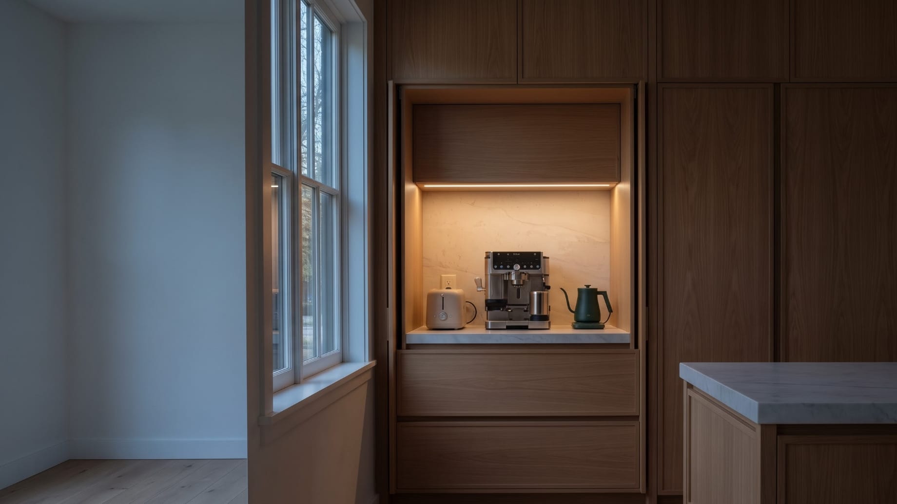 Oak appliance garage and coffee station with pocket doors open, showing espresso machine, toaster, and green kettle on an illuminated oak work surface.