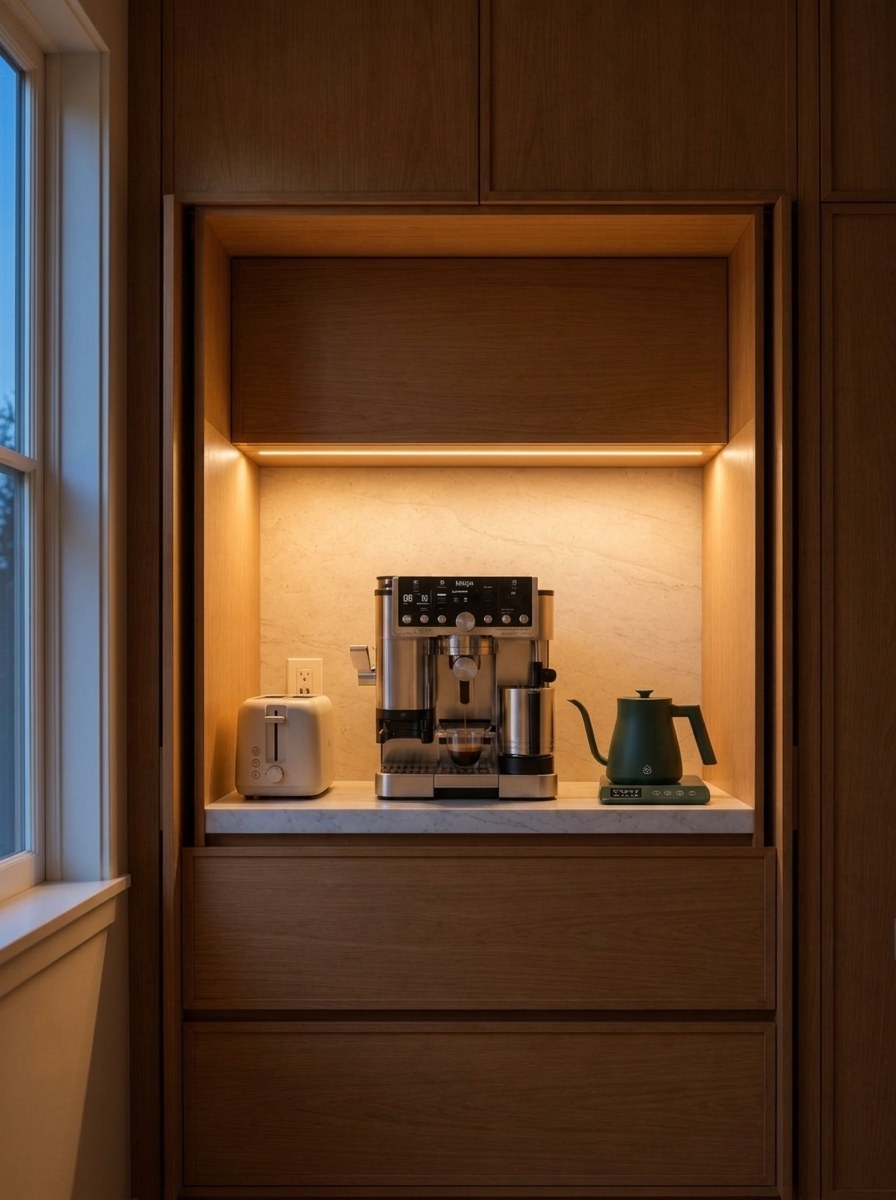 Oak coffee station with espresso machine, toaster and green kettle under warm daylight and evening illumination.