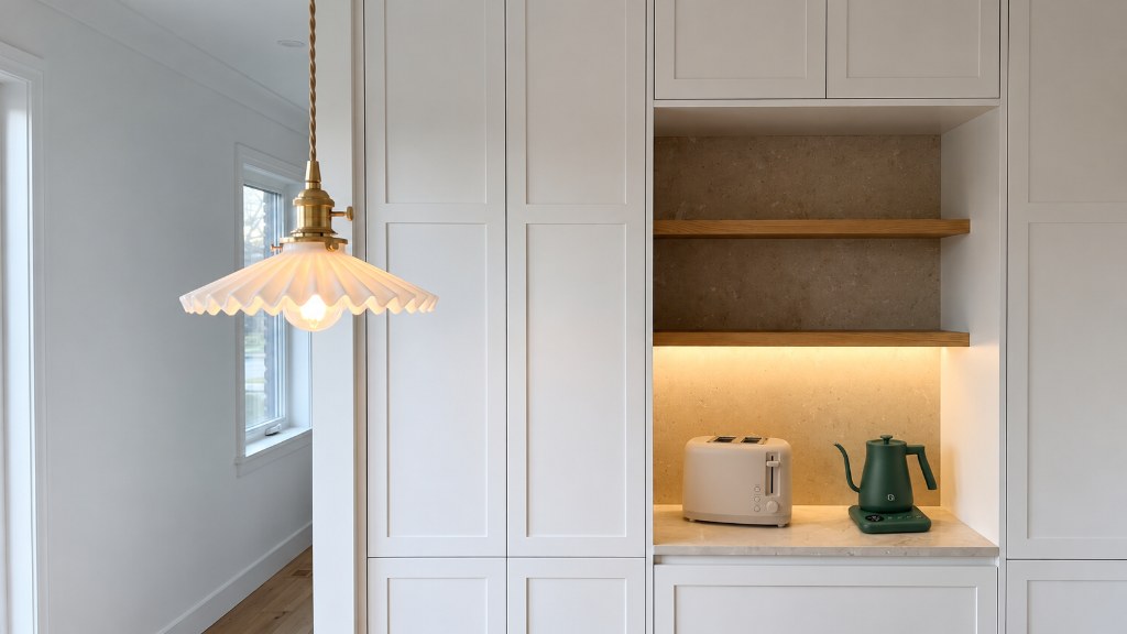 White pantry coffee station niche with cream toaster, green gooseneck kettle, and pleated ceramic pendant light