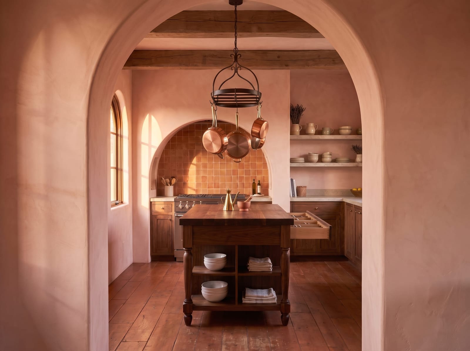 Horizontal view of the arched terracotta kitchen showing hanging copper cookware, glazed cotto tile backsplash, and the turned-leg butcher block prep island.