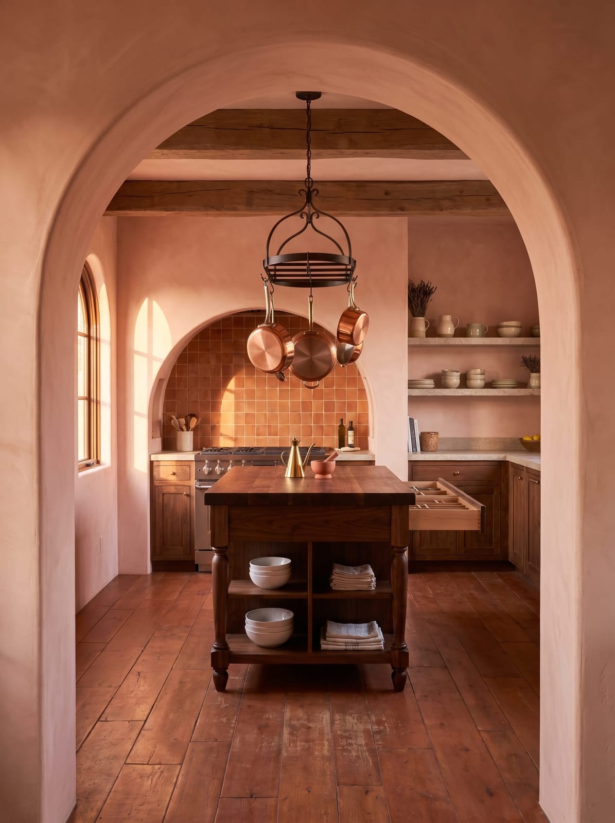 A sunlit kitchen alcove clad in glazed cotto terracotta tiles featuring a round hammered steel pot rack suspending Mauviel copper pans with brass handles, a black turned-leg butcher block prep table holding cream Mason Cash mixing bowls, flax linen towels, and a handmade clay mortar and pestle.